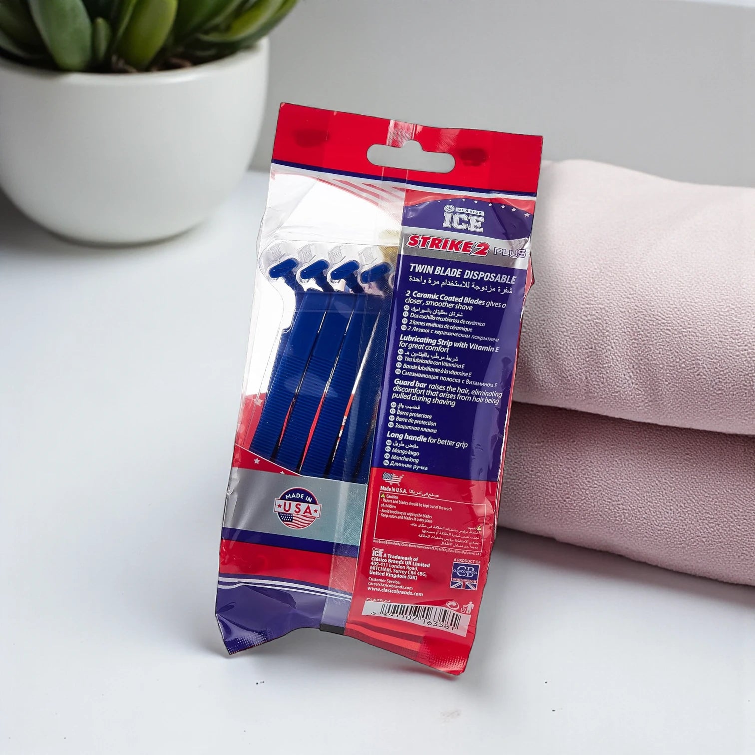 Clasico Ice Strike Disposable Razors – Twin Ceramic-Coated Blades, Vitamin E Lubricating Strip & Long Handle – Pouch of 5 - Damoo