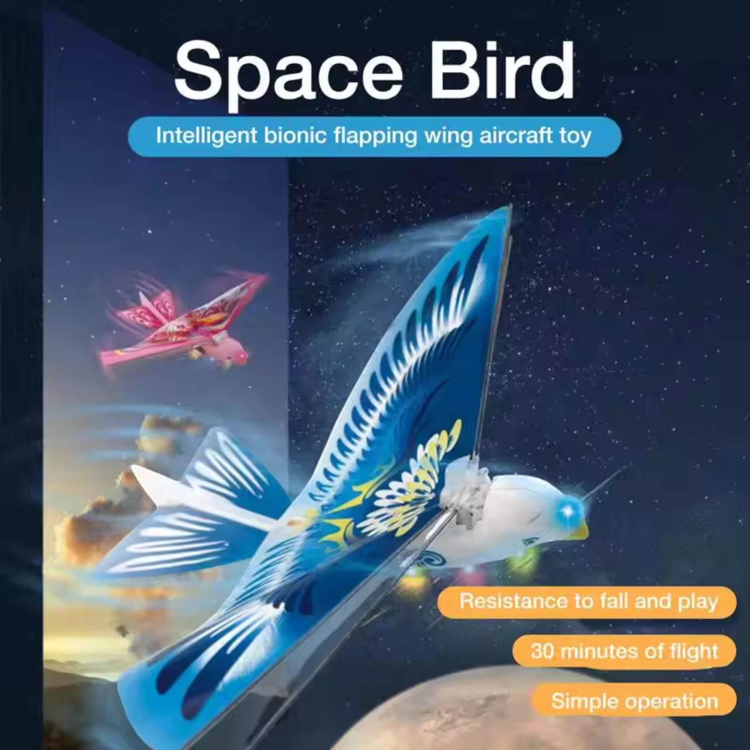Space Bird Electronic Flying Toy | Self-Flying Bird RC Airplane Drone with Lights 8+ Age | Mini Remote Control Helicopter Glider for Kids & Adults Outdoor Play