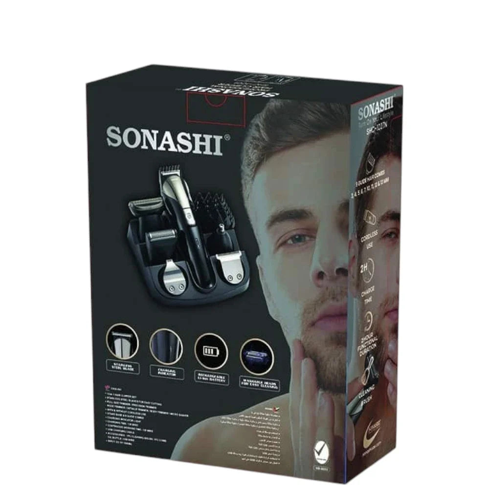 Sonashi 15-in-1 Rechargeable Hair Clipper & Grooming Kit – Stainless Steel Blades, Cordless & Corded Use, 9 Guide Combs, Full-Size & Nose Trimmer, 120min Runtime, USB Charging – With Stand & Accessories - SHC-1027N - Damoo