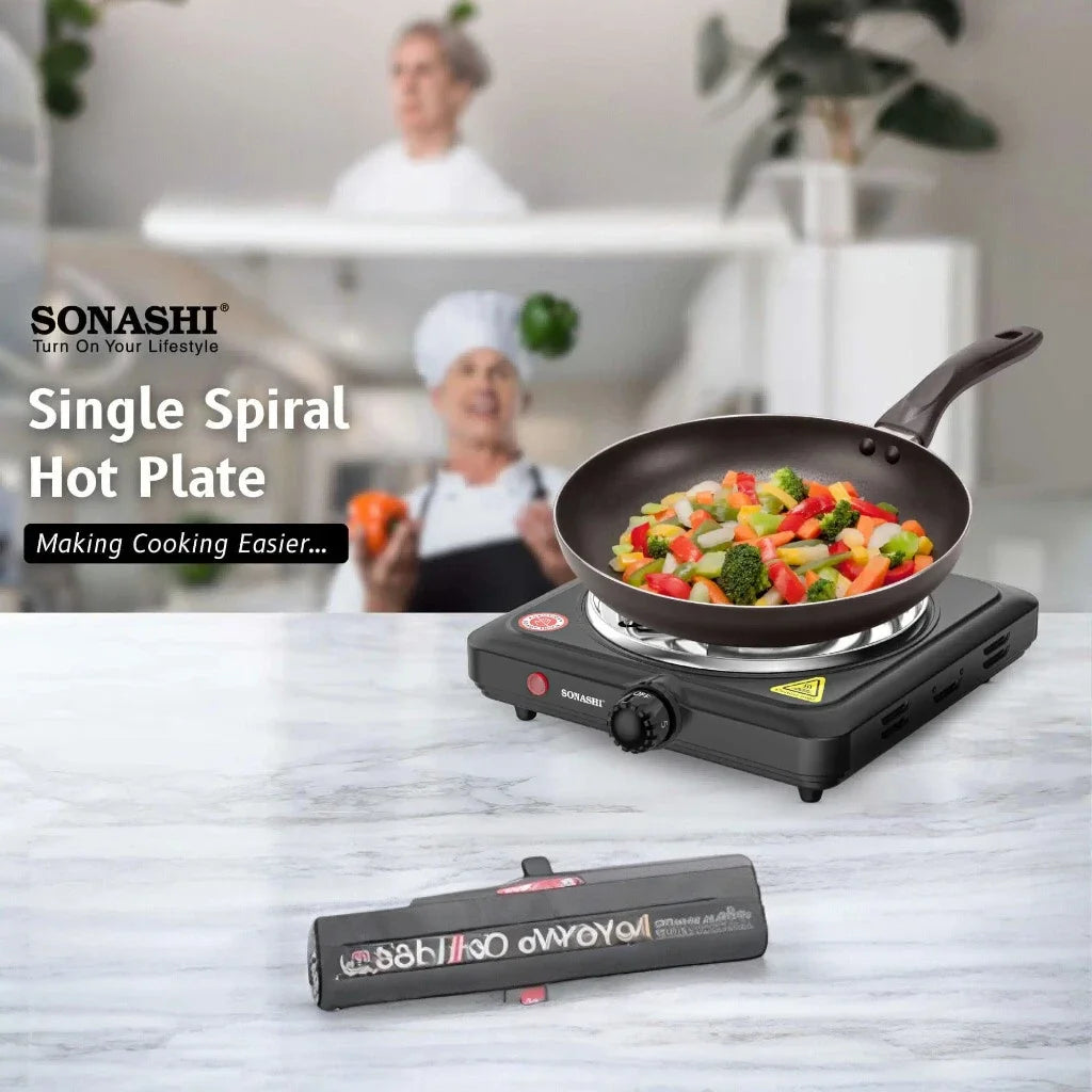 Sonashi Single Spiral Hot Plate – 1500W Portable Electric Cooker with 150mm Plate Diameter, Adjustable Temperature Control, Auto Thermostat, Non-Slip Feet, Indicator Light – Ideal for Home, Office, Dorm, Camping, Black - SHP-609CN - Damoo