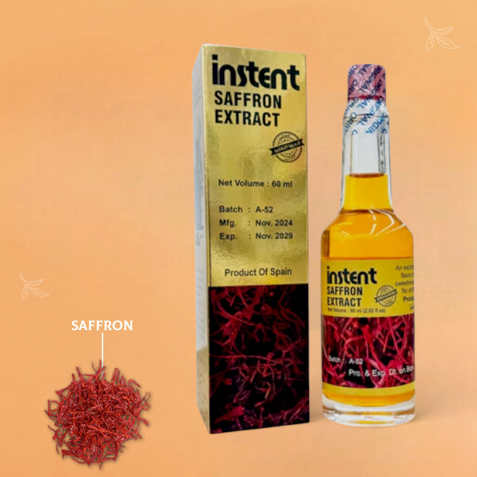 Instent Saffron Extract – 60ML Premium Liquid Spice Blend for Cooking, Beverages & Wellness – Mood Boosting, Stress-Relieving, Natural Flavor Enhancer - Damoo