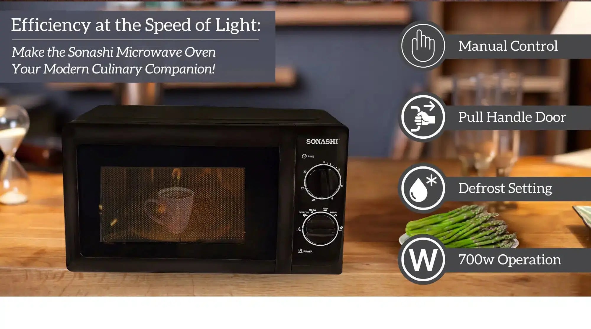 SONASHI 20L Manual Microwave Oven – SMO-920 Black | 700W Power, 245mm Turntable Glass Tray, 6 Power Levels, Defrost Function, 30-Min Timer, Pull Handle Door – Compact & Efficient Design for Everyday Cooking - Damoo
