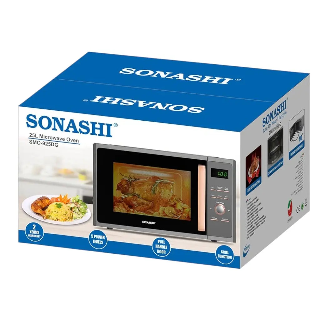 Sonashi 25L Digital Microwave Oven with Touch Control – SMO-925DG | 1000W Power, Grill Function, Child Safety Lock, Fast Heating & Defrost, 5 Power Levels, Pull Handle Door – Ideal for Home & Office Use (Black/White) - Damoo