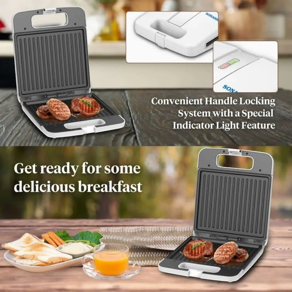 Sonashi 4-Slice Electric Sandwich Grill Maker with Non-Stick Grill Plates, Cool Touch Handle, Overheat Protection & Handle Lock System – 1400W White Panini Press for Toast, Grilled Sandwiches & Snacks SGT-842 - Damoo