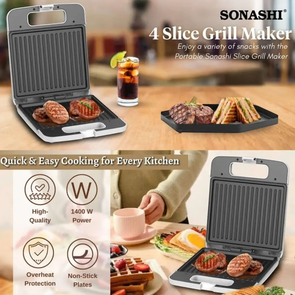 Sonashi 4-Slice Electric Sandwich Grill Maker with Non-Stick Grill Plates, Cool Touch Handle, Overheat Protection & Handle Lock System – 1400W White Panini Press for Toast, Grilled Sandwiches & Snacks SGT-842 - Damoo