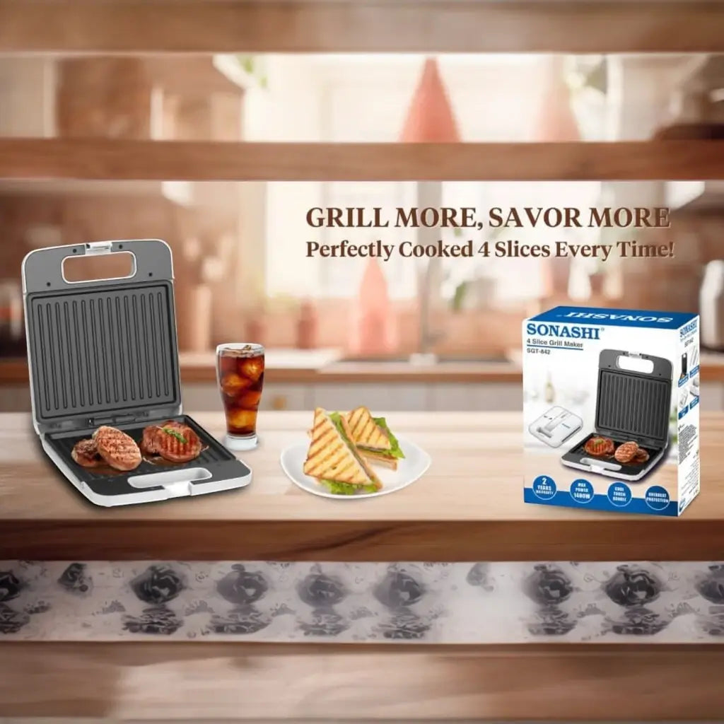 Sonashi 4-Slice Electric Sandwich Grill Maker with Non-Stick Grill Plates, Cool Touch Handle, Overheat Protection & Handle Lock System – 1400W White Panini Press for Toast, Grilled Sandwiches & Snacks SGT-842 - Damoo