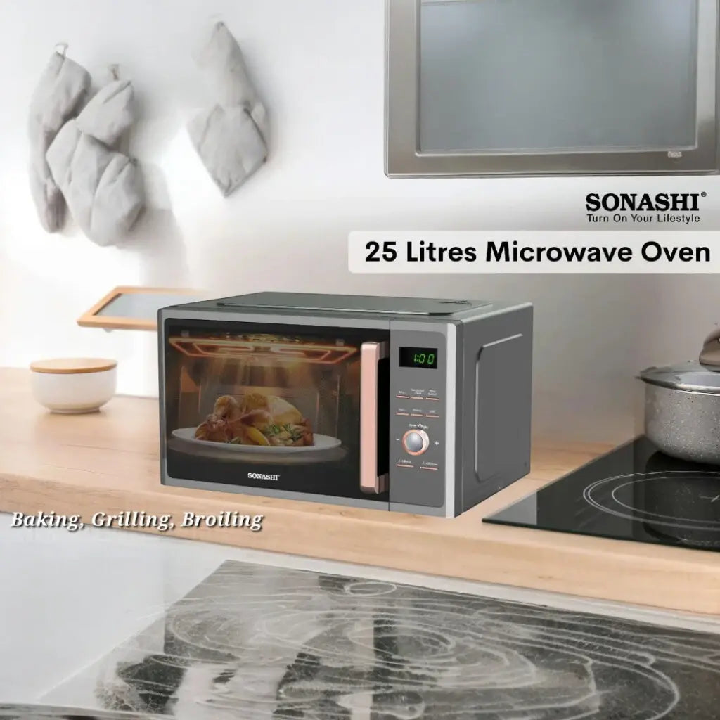 Sonashi 25L Digital Microwave Oven with Touch Control – SMO-925DG | 1000W Power, Grill Function, Child Safety Lock, Fast Heating & Defrost, 5 Power Levels, Pull Handle Door – Ideal for Home & Office Use (Black/White) - Damoo