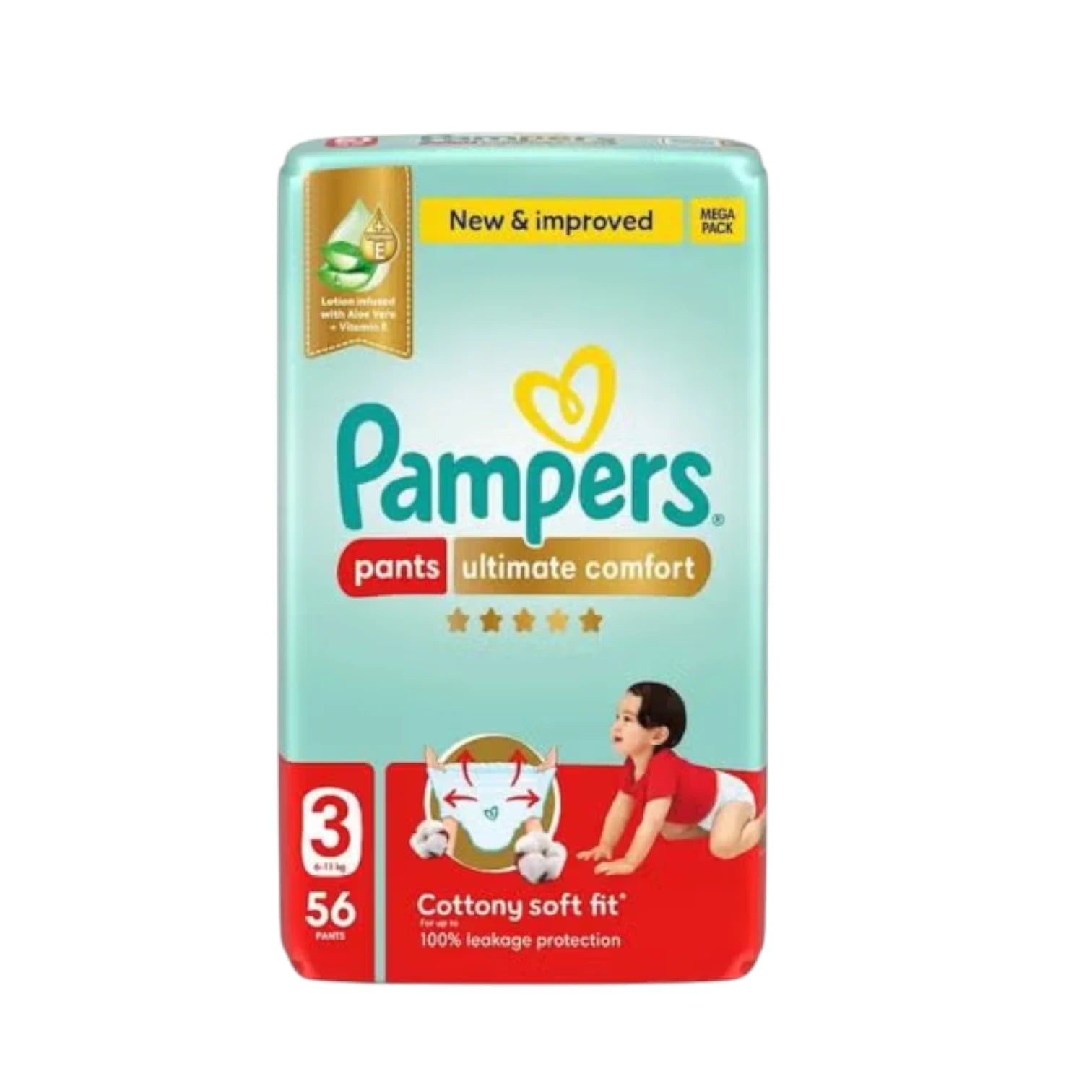 Pampers Ultimate Comfort Pants Diapers Size 3 (6–11kg) – 56 Count | Aloe Vera & Vitamin E | Soft Cottony Fit & 100% Leak Protection - Damoo