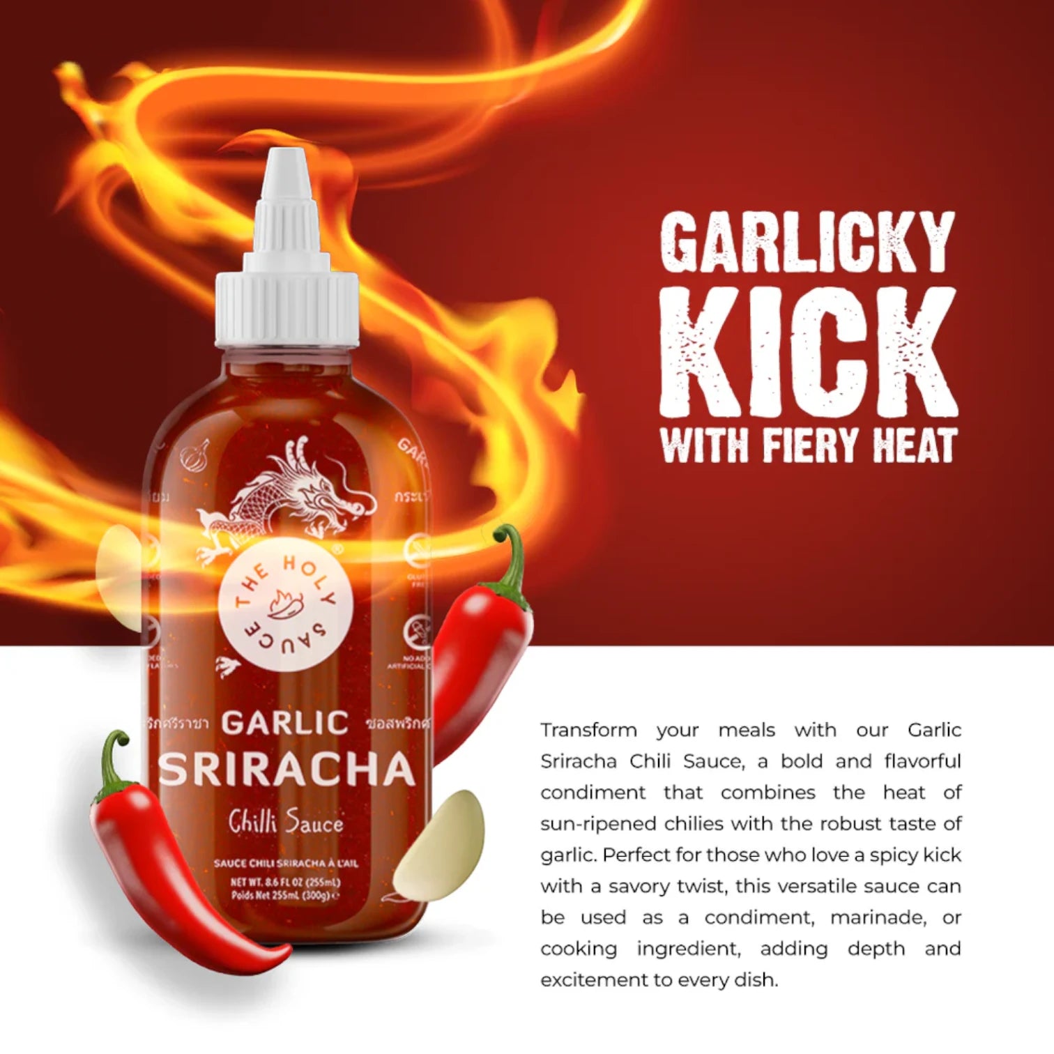 The Holy Sauce Garlic Sriracha Chilli Sauce – 300g | Vegan, Halal, Gluten-Free | Spicy Garlic Heat - Damoo