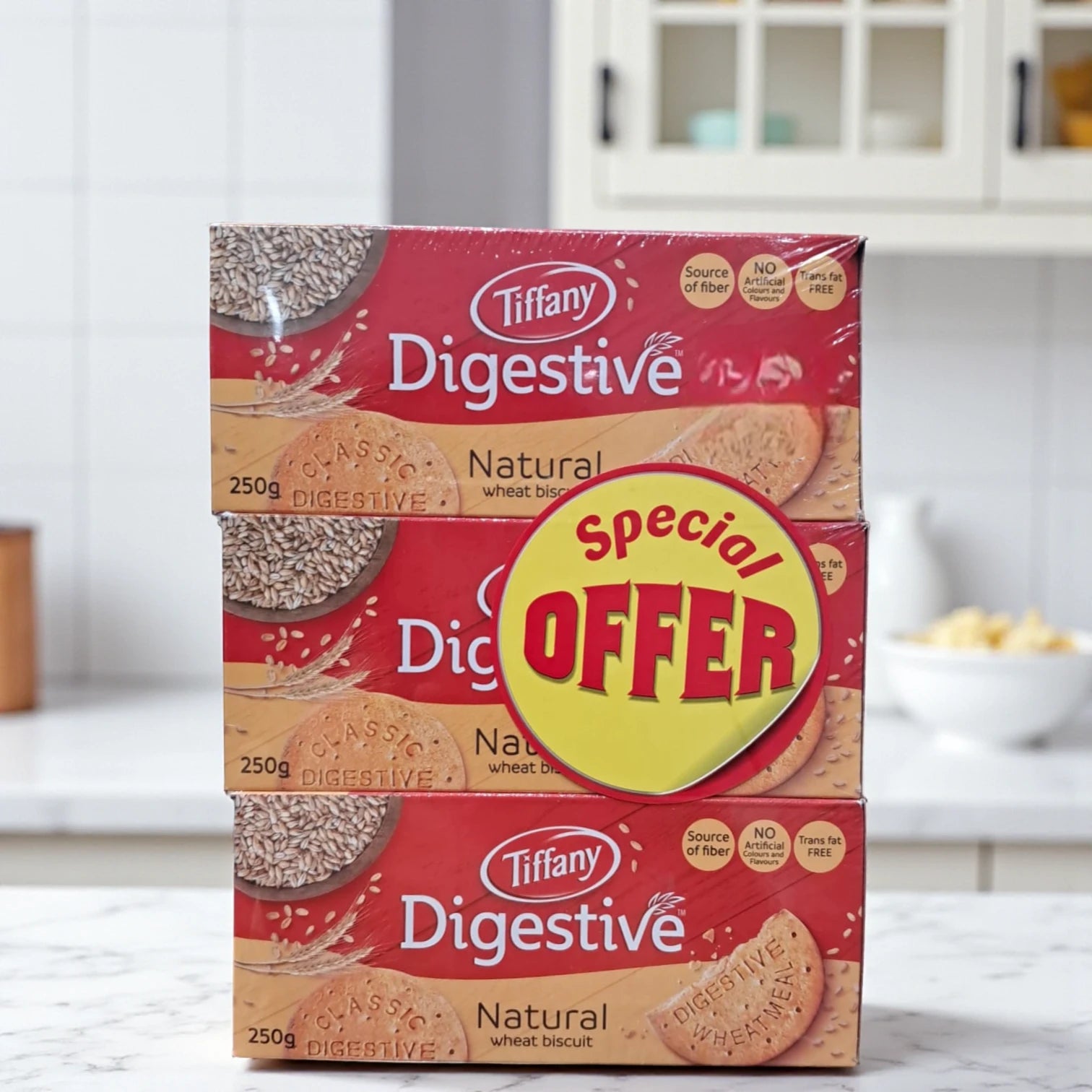 Tiffany Digestive Natural Wheat Biscuits 250g x 3 Pack (Buy 2 Get 1 Free) – Classic Fiber-Rich Snack | No Artificial Flavors | Trans Fat Free | Special Offer - Damoo