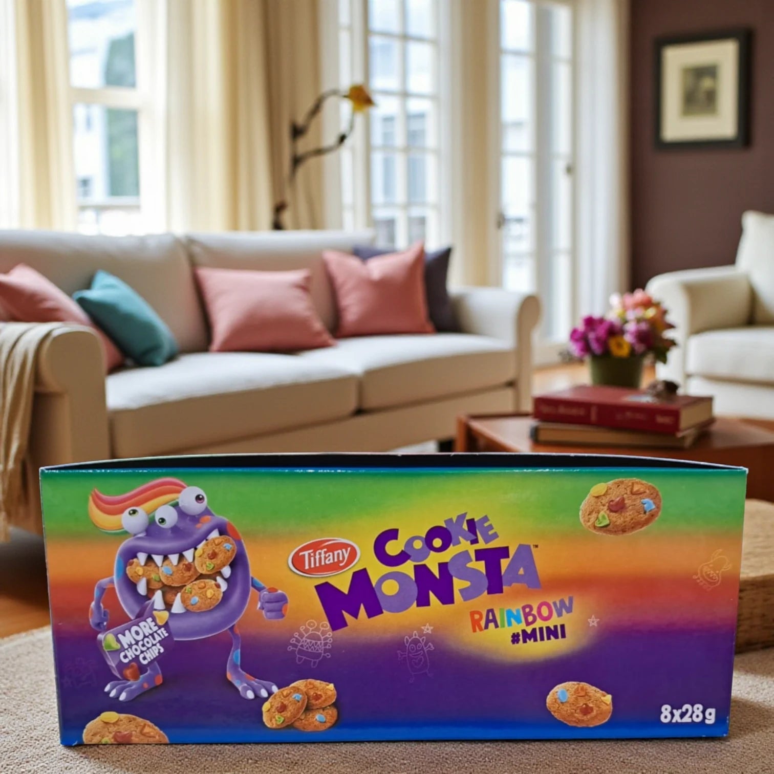 Tiffany Cookie Monsta Mini Rainbow Cookies – 8 x 28g – Chocolate Chip Cookies with Colorful Candy Chunks – Fun Snack Pack for Kids - Damoo