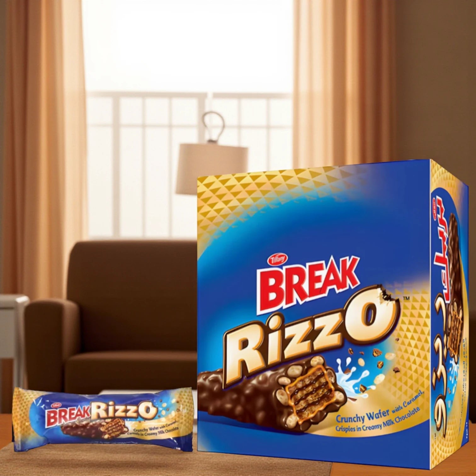 Tiffany Break RizzO Chocolate Bars – 12 x 28g, Crunchy Wafer with Caramel & Crispies in Milk Chocolate - Damoo