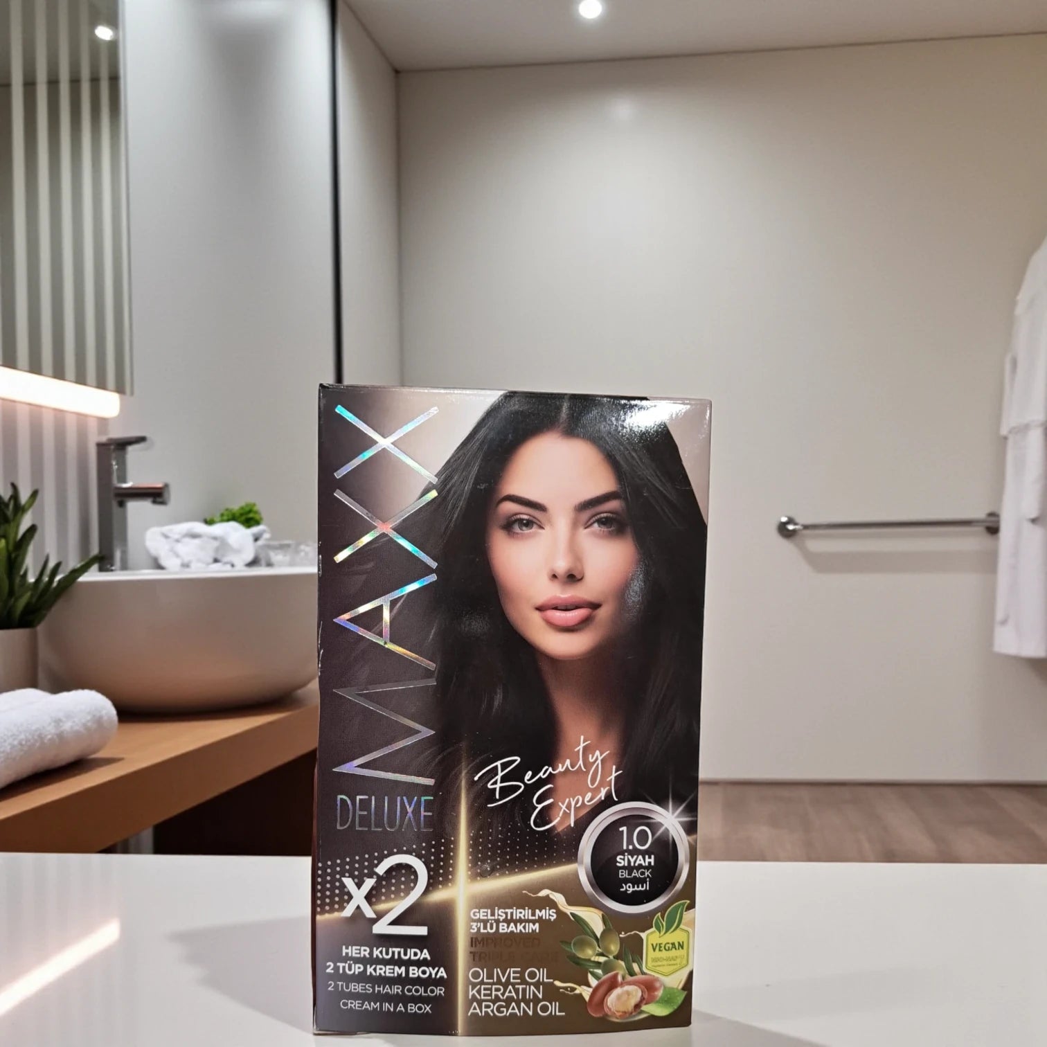 MAXX Deluxe 1.0 Black Hair Color Cream with Olive Oil, Keratin & Argan Oil – 2 Tubes x 50ml – Permanent Hair Dye – Vegan – Deep Nourishment & Shine – 100% Grey Coverage - Damoo