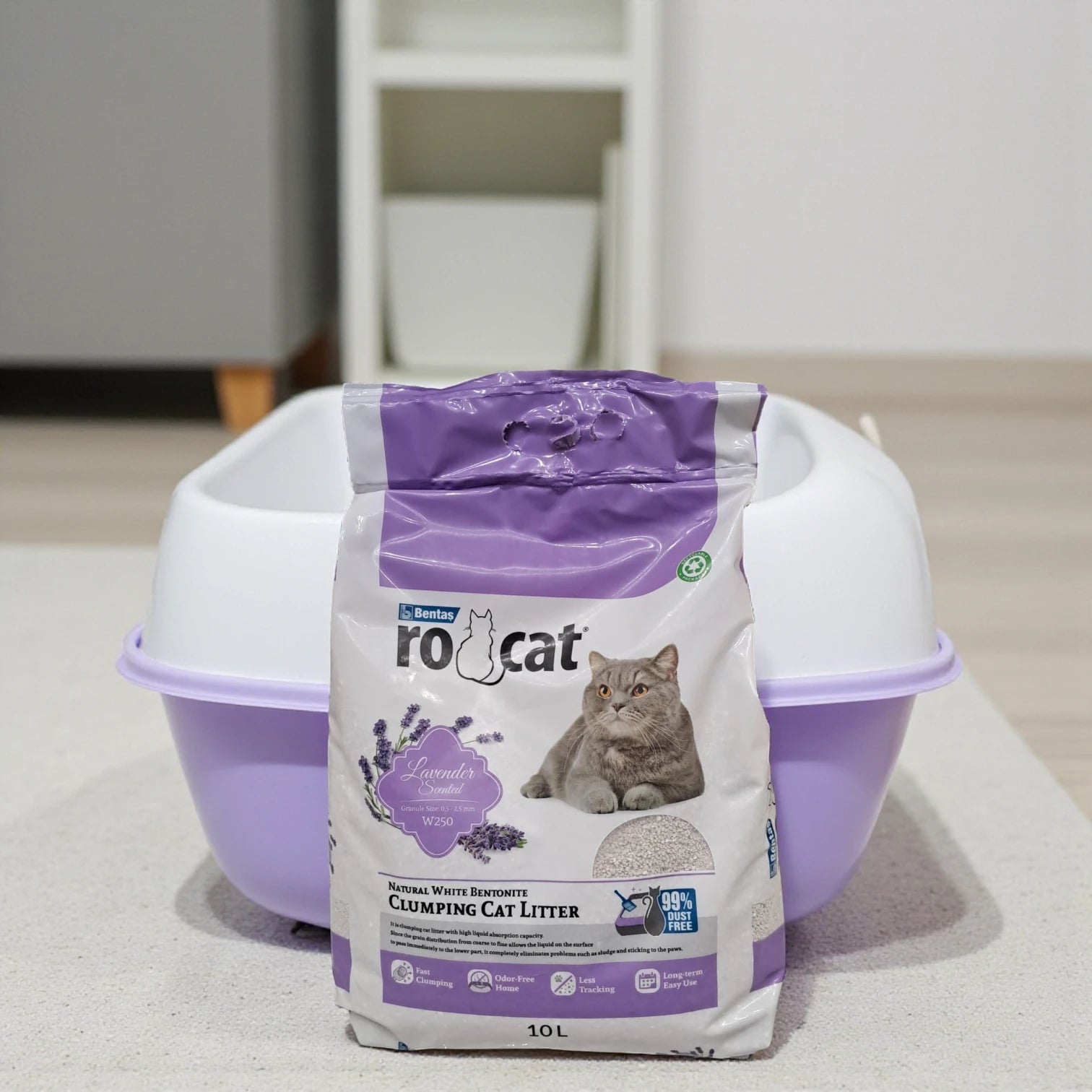 RoCat Lavender Scented Clumping Cat Litter – 10L | Natural White Bentonite | Odor-Free, Fast Clumping, 99% Dust-Free - Damoo