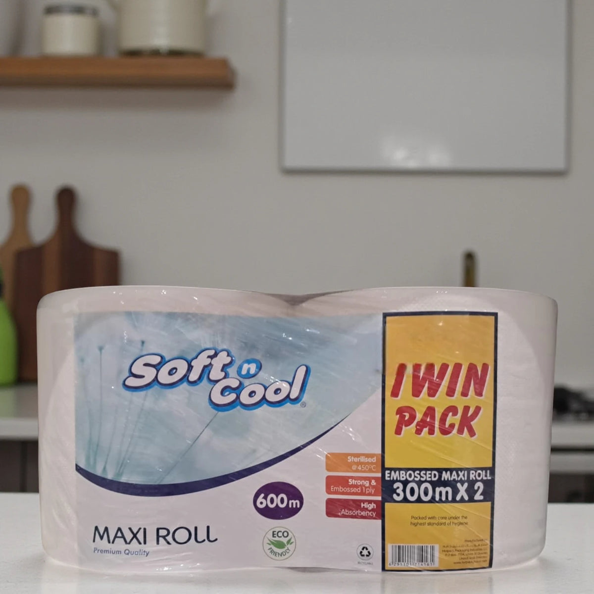 Soft N Cool Maxi Roll Twin Pack – 300m x 2 | 1 Ply, Strong & Absorbent Paper Towel for Kitchen, Restaurants & Cleaning - Damoo
