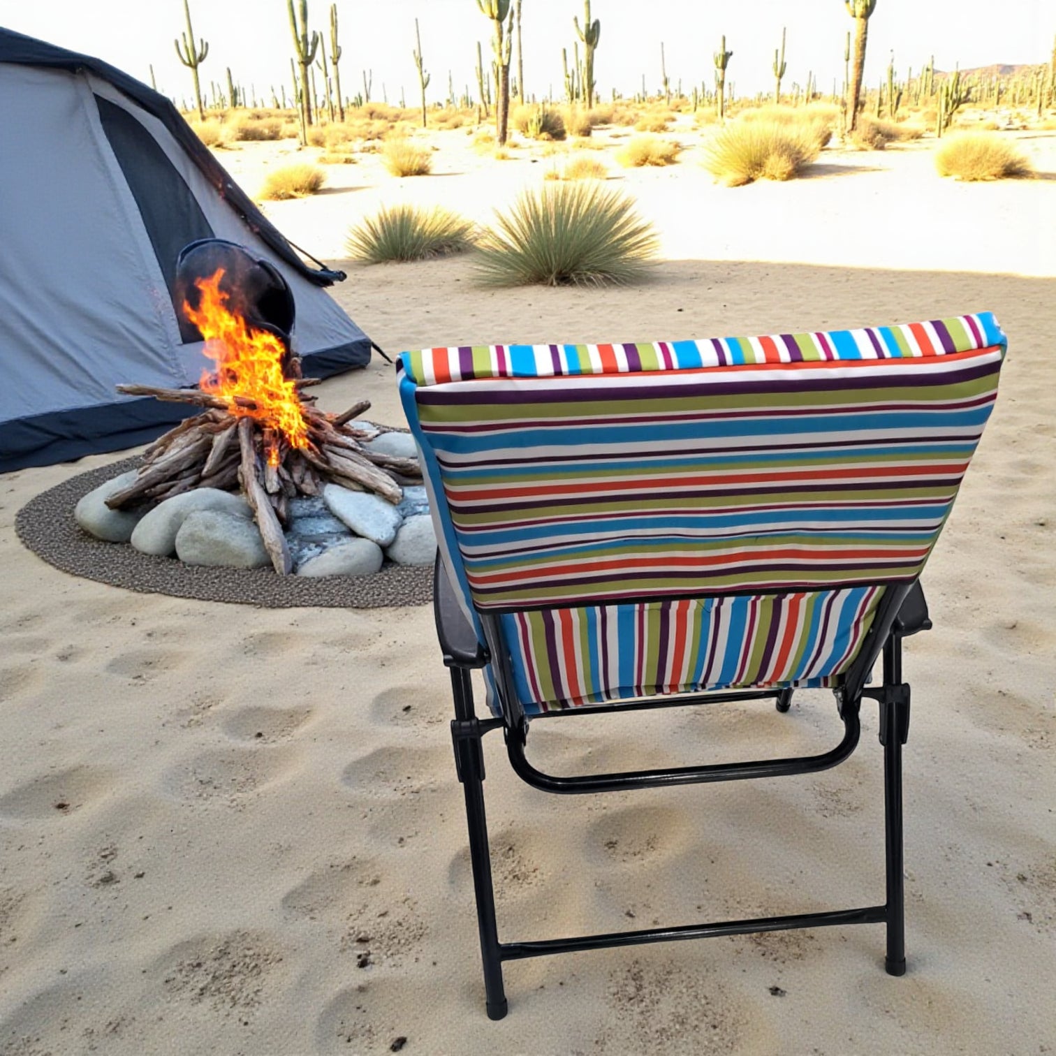 Foldable Camping Chair with Colorful Striped Cushion – Comfortable Outdoor Recliner with Armrests and Strong Steel Frame