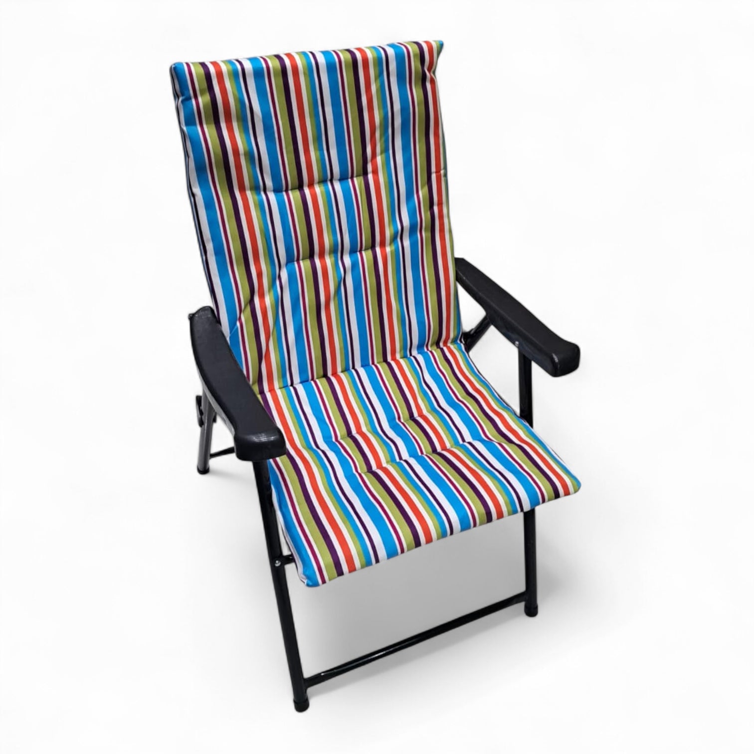 Foldable Camping Chair with Colorful Striped Cushion – Comfortable Outdoor Recliner with Armrests and Strong Steel Frame