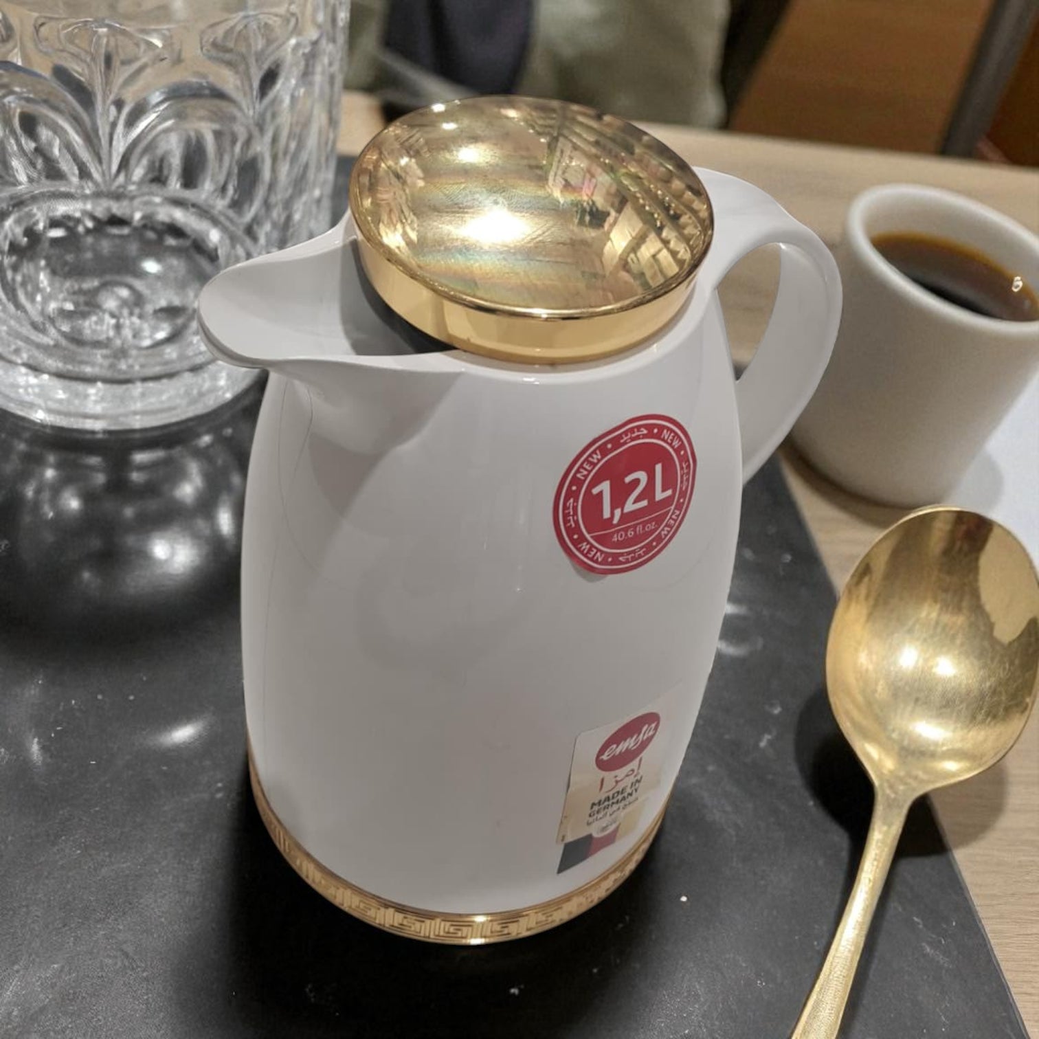 Emsa Thermos 1.2L – Elegant White & Gold Vacuum Flask with Heat Retention, Leakproof Lid, and Classic European Design for Coffee, Tea & Hospitality Serving - Damoo