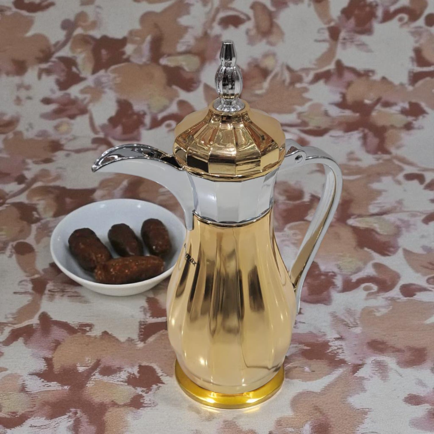 Luxury Gold & Silver Arabic Dallah Thermos 1.0L – Elegant Double-Wall Insulated Coffee & Tea Flask with Chrome Handle and Lid, Premium Heat Retention, Ideal for Majlis, Ramadan & Home Use - Damoo