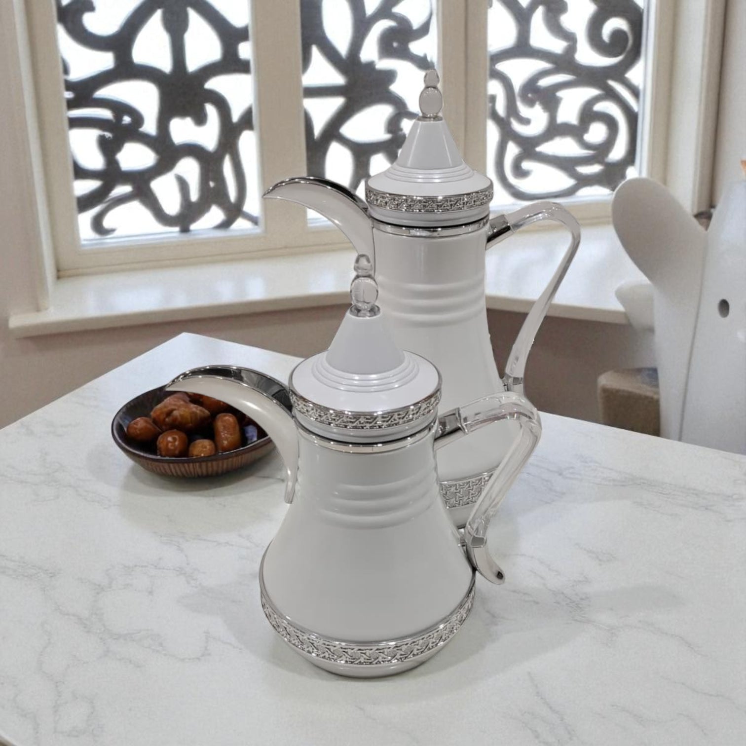 Fursan Premium White Thermos Set 2-Piece – Elegant Double-Wall Insulated Coffee & Tea Flasks with Silver Crystal Accents, Durable Vacuum Design for Long Heat Retention, Perfect for Majlis, Home & Gifting - Damoo