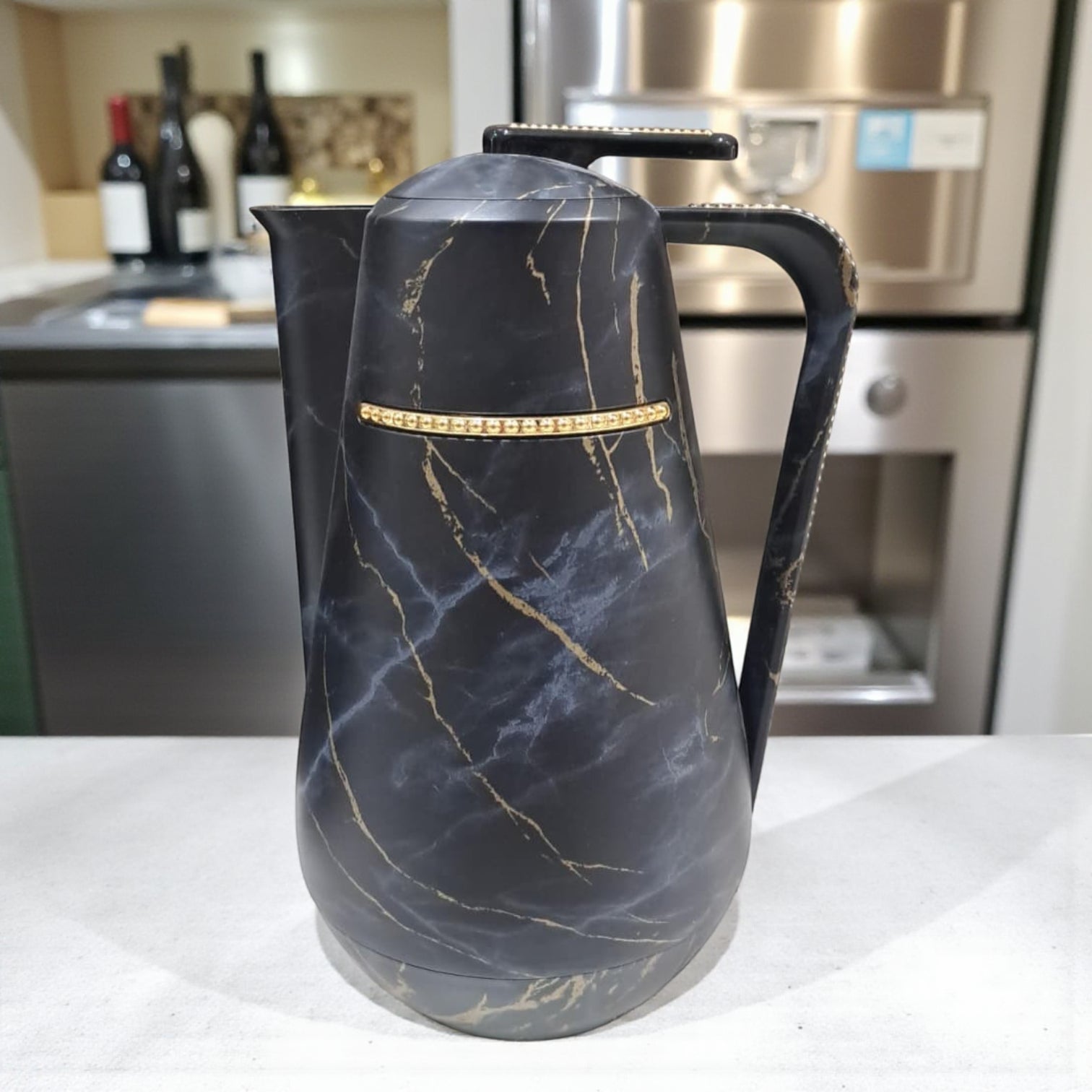 Parati 1 Liter Luxury Black Marble Vacuum Flask – Elegant Gold-Trim Insulated Coffee & Tea Jug | Double-Wall Thermal Carafe for Hot & Cold Drinks - Damoo
