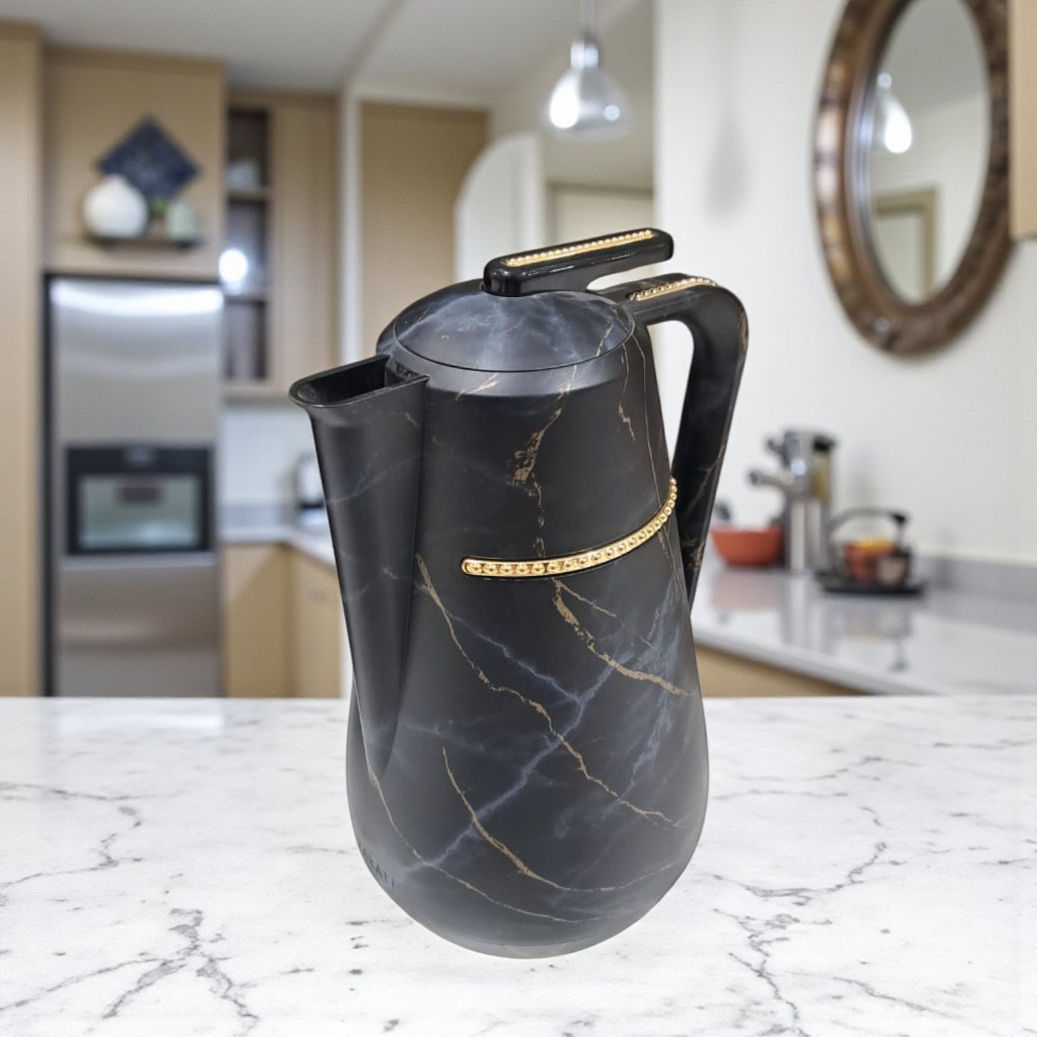 Parati 1 Liter Luxury Black Marble Vacuum Flask – Elegant Gold-Trim Insulated Coffee & Tea Jug | Double-Wall Thermal Carafe for Hot & Cold Drinks - Damoo