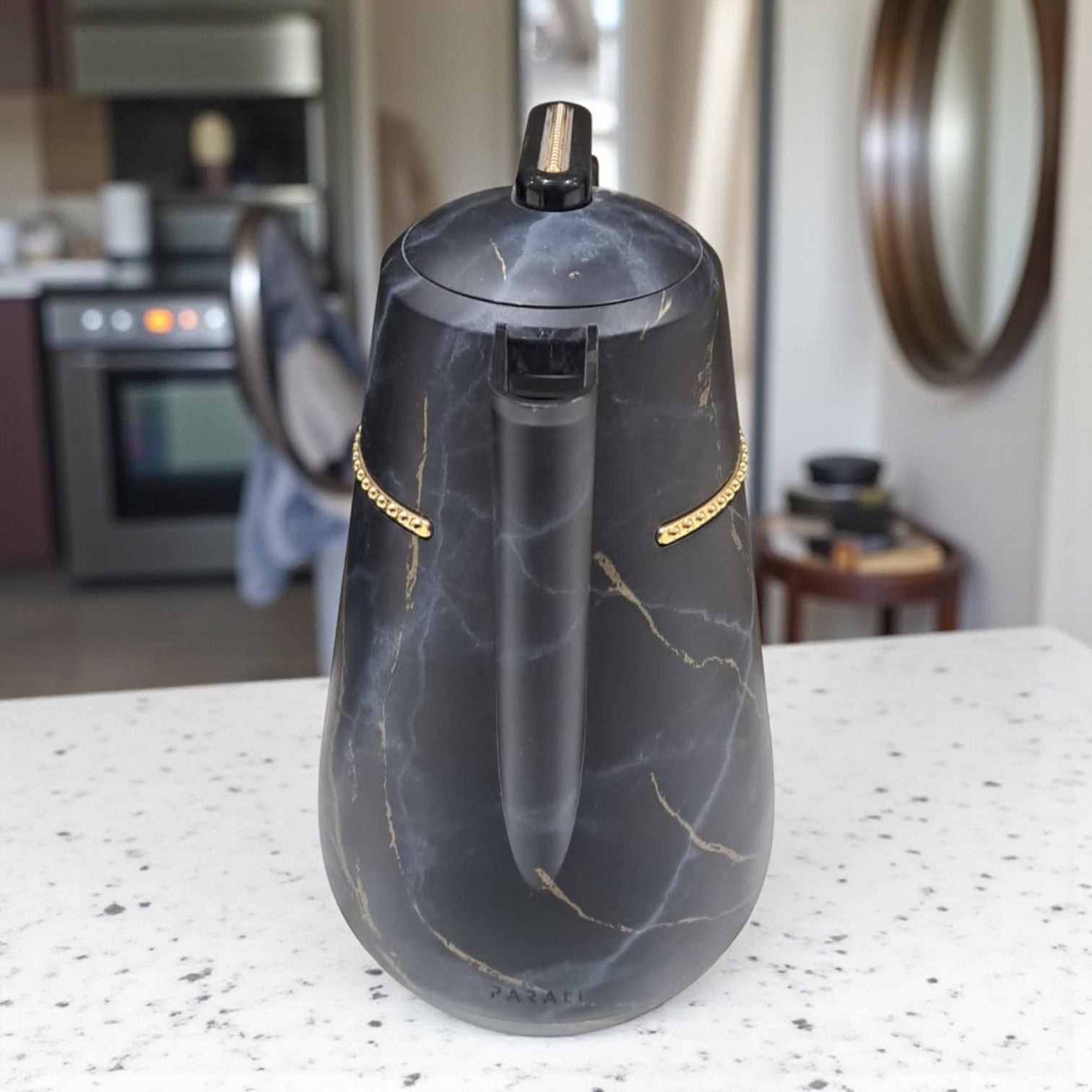Parati 1 Liter Luxury Black Marble Vacuum Flask – Elegant Gold-Trim Insulated Coffee & Tea Jug | Double-Wall Thermal Carafe for Hot & Cold Drinks - Damoo