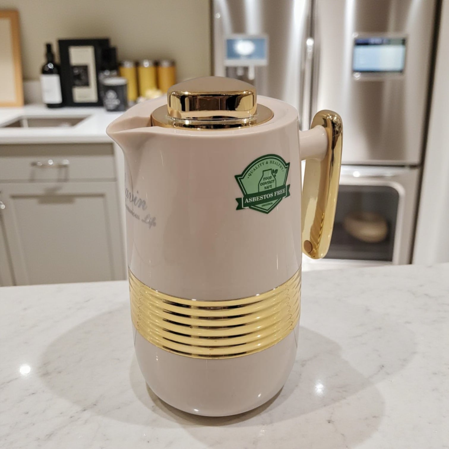 Lavin Glory 0.6 Liter Premium Beige & Gold Vacuum Flask – Elegant Thermal Coffee & Tea Pot | Double-Wall Insulated Jug for Hot & Cold Beverages - Damoo