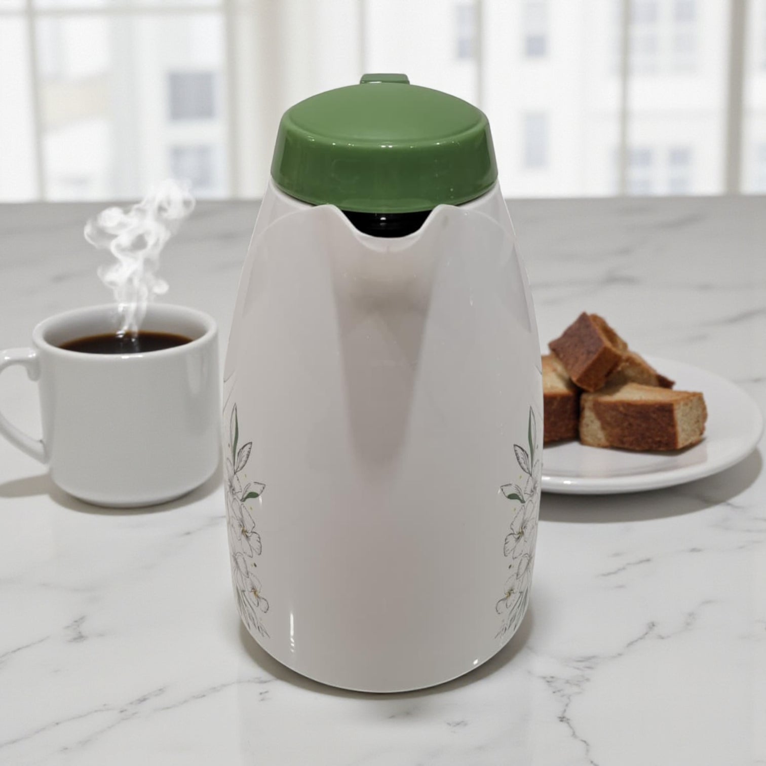 Regal Vacuum Flask 1.5L – White & Green Insulated Jug with Floral Design, Double-Wall Glass Liner, Leak-Resistant Lid & Ergonomic Handle for Hot and Cold Beverages