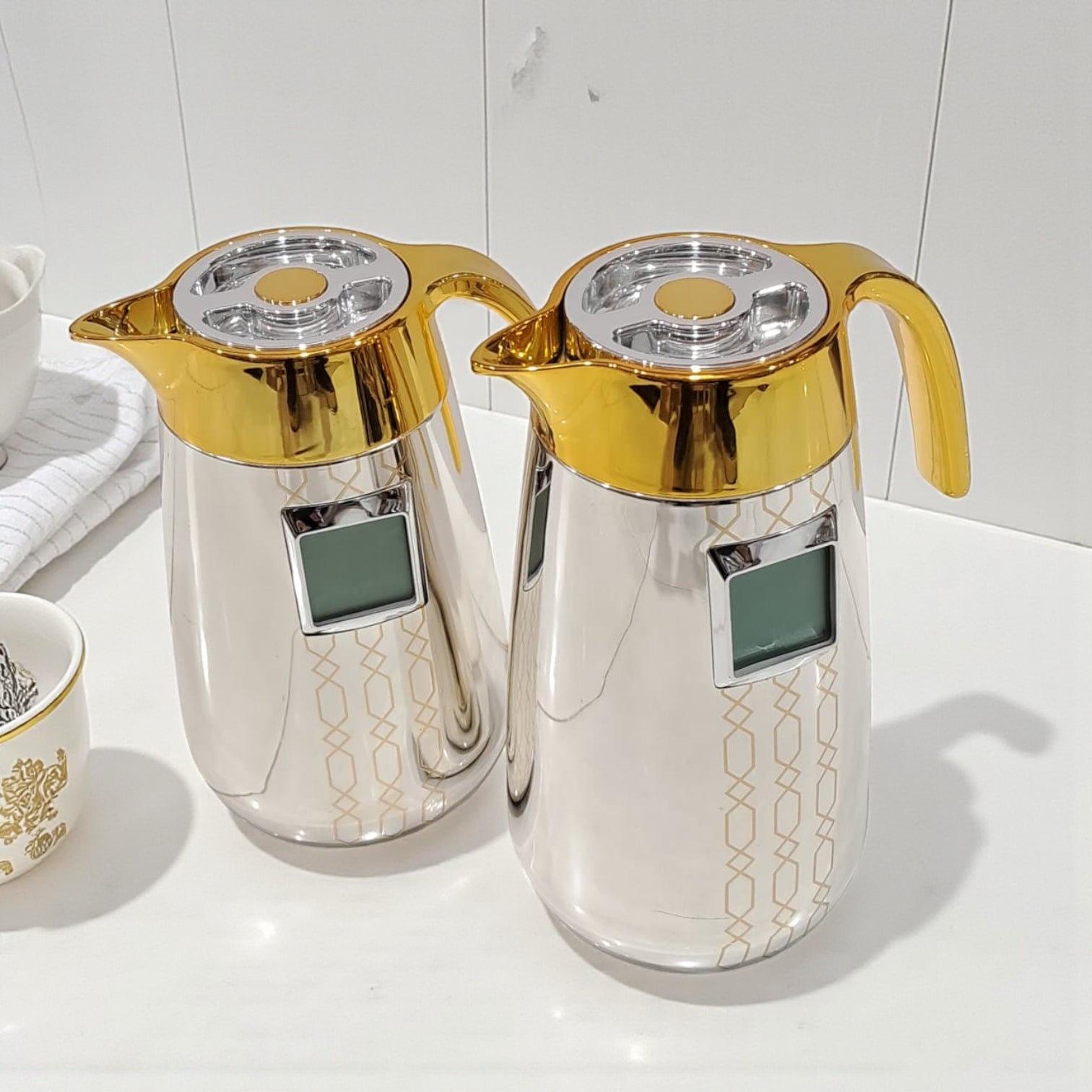 Palermo Temperature Thermos Dallah FL-333 – Pack of 2 Jugs (1.0L + 0.7L) | Smart Temperature Display Coffee & Tea Flask Set | Gold & Silver Vacuum Insulated Thermos - Damoo