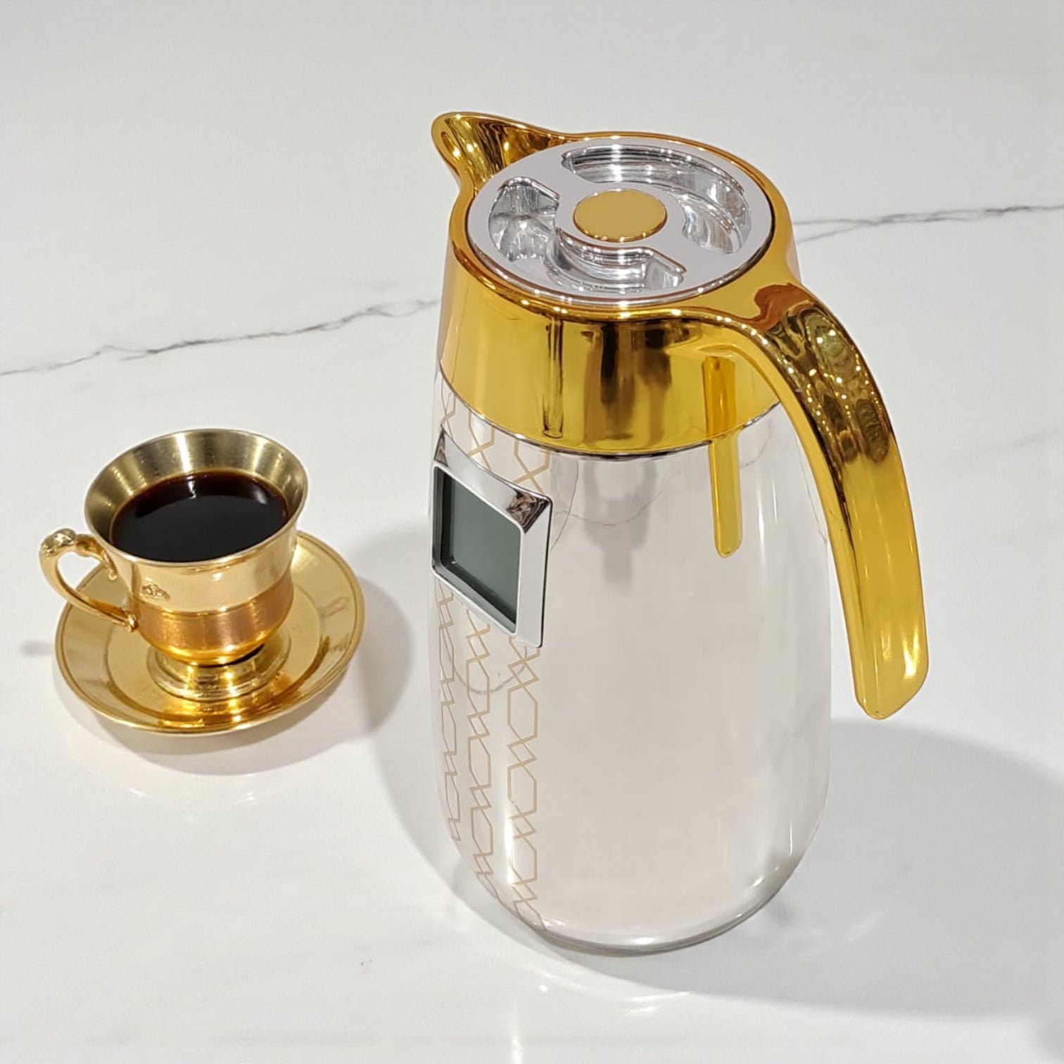 Palermo Temperature Thermos Dallah FL-333 – Pack of 2 Jugs (1.0L + 0.7L) | Smart Temperature Display Coffee & Tea Flask Set | Gold & Silver Vacuum Insulated Thermos - Damoo