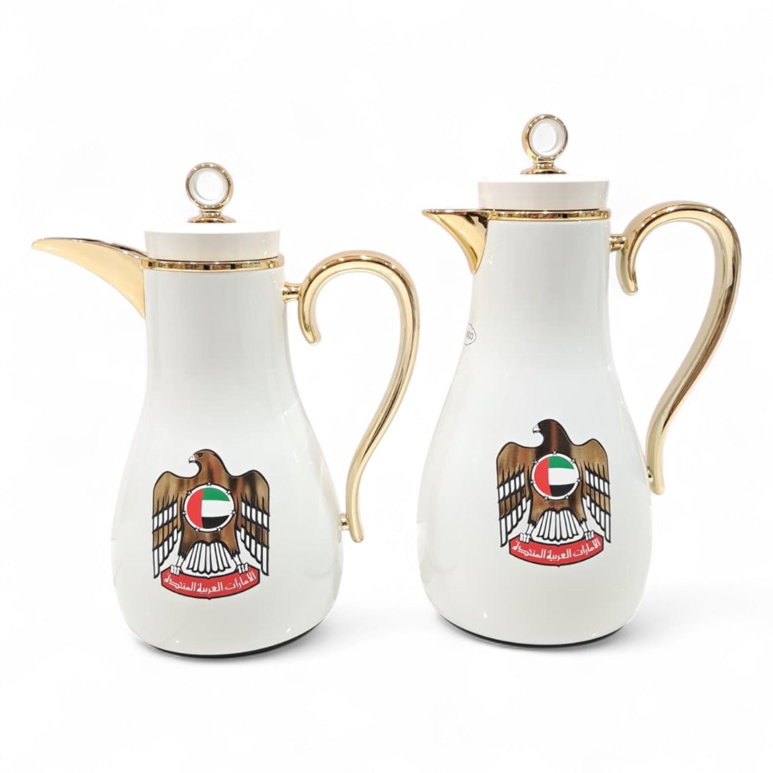 Pilsco UAE Emblem Vacuum Jug Set – Pack of 2 (1.0L + 0.7L) | Elegant Gold Handle Arabic Dallah Style Thermal Flask | Double Wall Insulated Coffee & Tea Jugs - Damoo