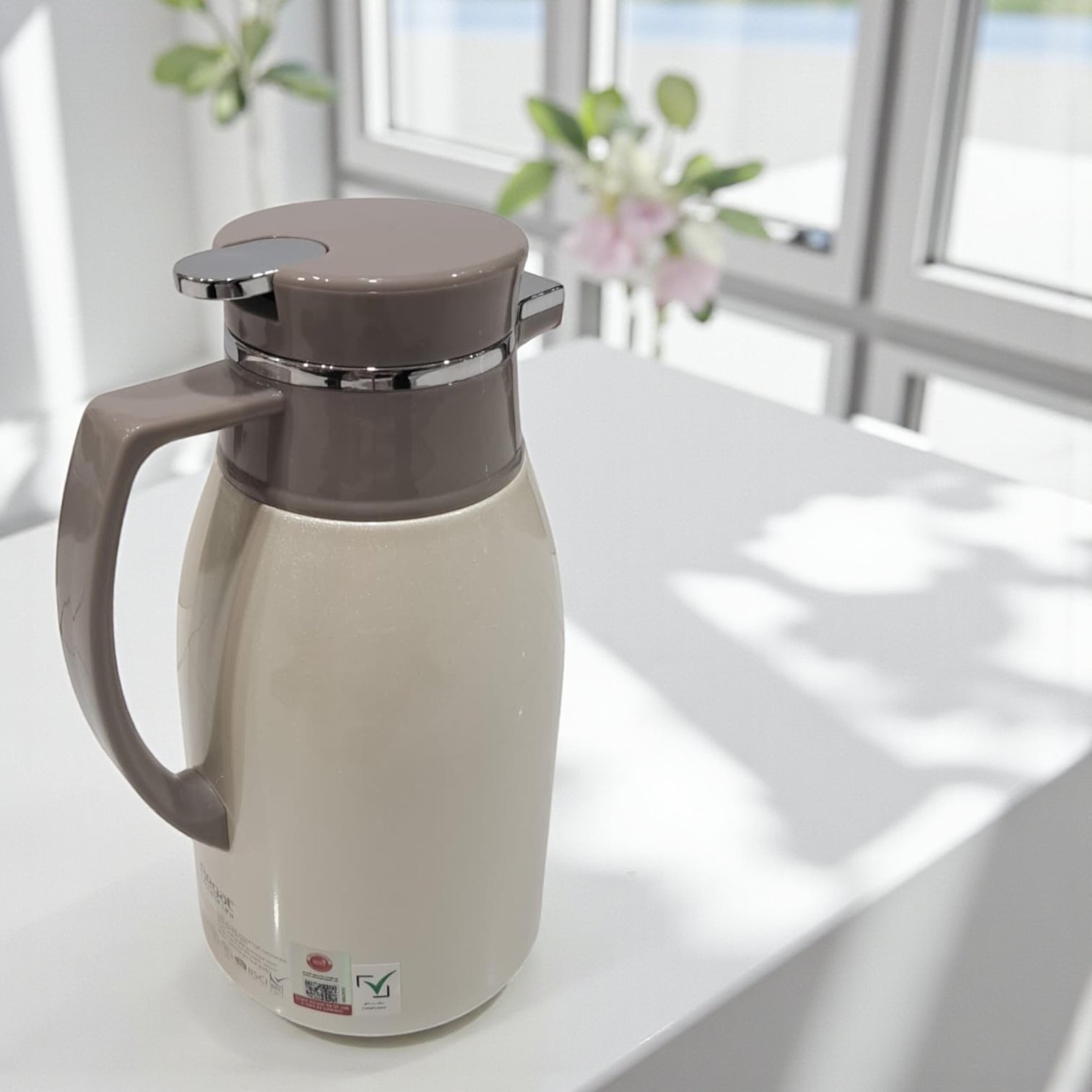 Regal 1.0L Thermal Coffee Carafe – Stainless Steel Double-Wall Vacuum Jug with Glass Refill, Leak-Proof Lid, Long Heat Retention & Elegant Beige Design for Hot and Cold Beverages