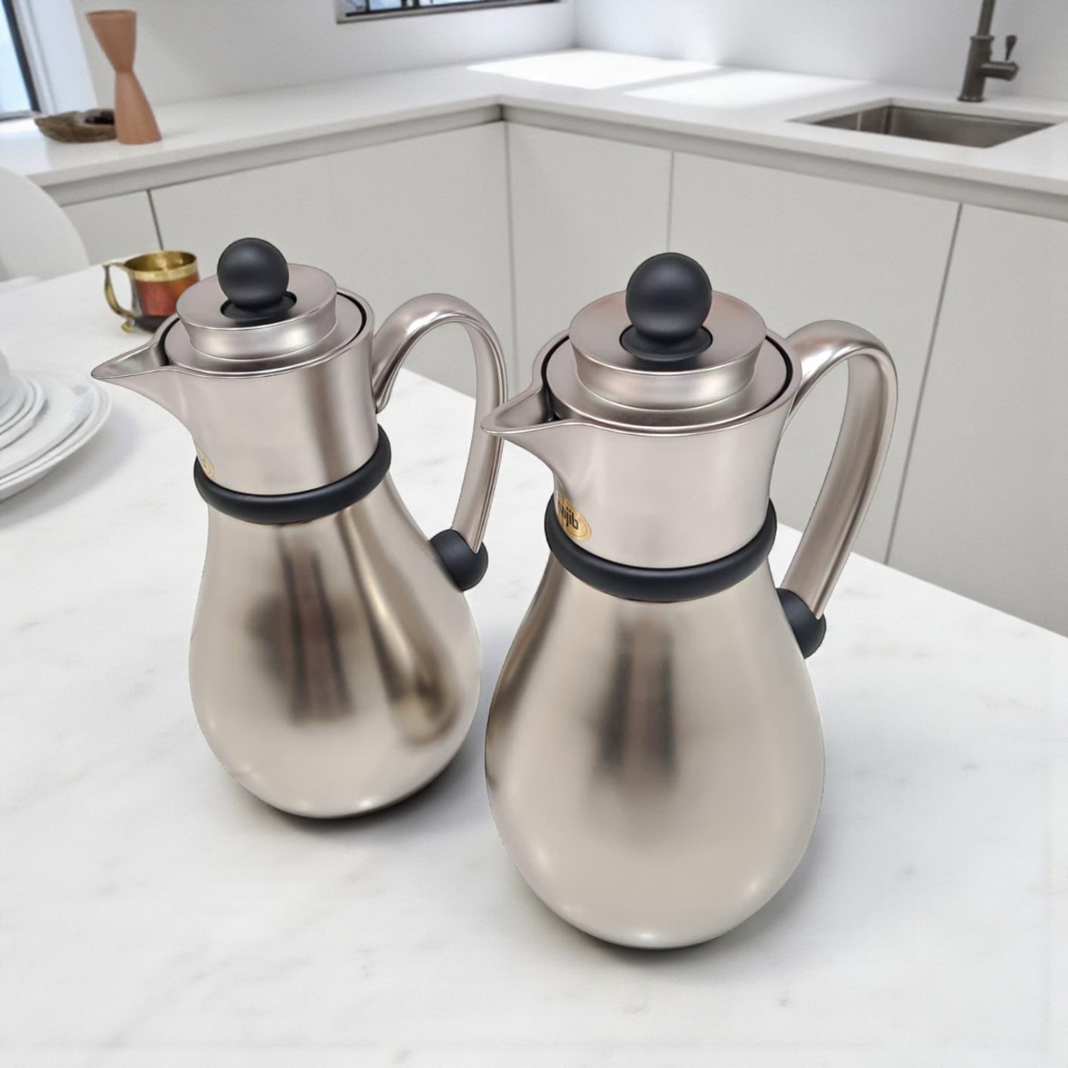 Najib Modern Style Stainless Steel Vacuum Flask Set – 0.7L & 1.0L Double-Wall Insulated Thermos Jugs | Elegant Brushed Silver Finish, Leak-Proof Design & Ergonomic Handle for Hot & Cold Beverages - Damoo