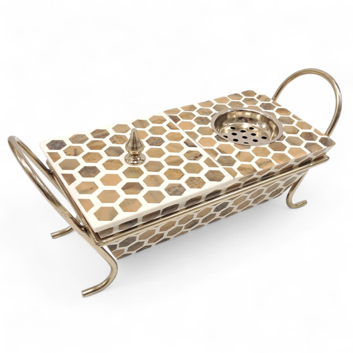 Luxury Hexagonal Mosaic Metal Incense Burner with Lid & Handles – Elegant Decorative Mabkhara for Oud, Bukhoor & Charcoal – Handcrafted Gold & Beige Mosaic Design for Home, Office, Majlis & Ramadan Décor - Damoo