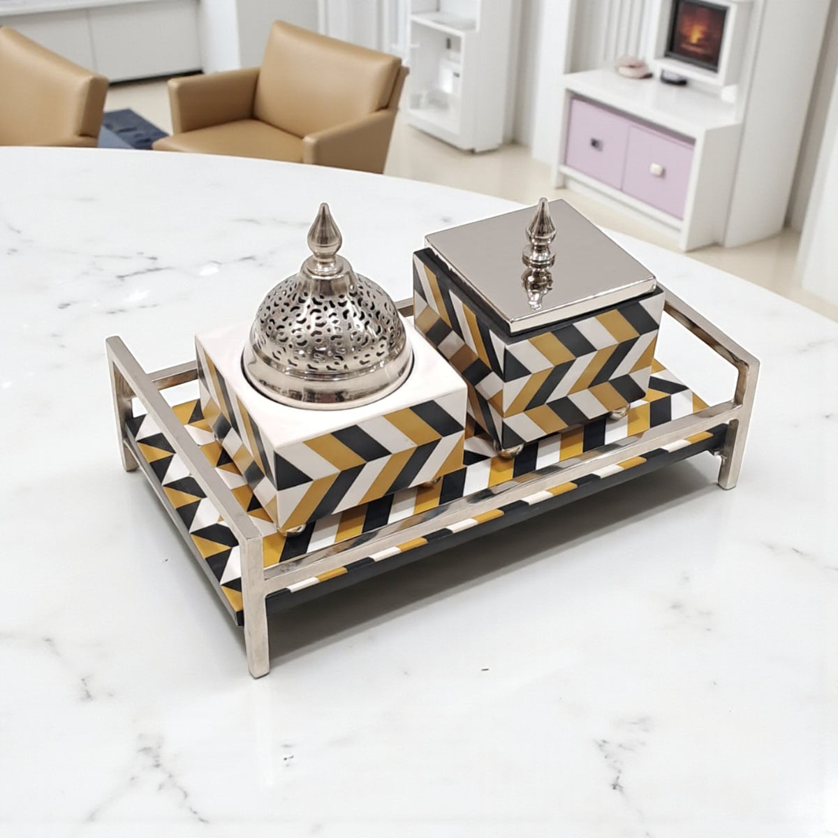Luxury Geometric Bukhoor & Mabkhara Set with Metal Lid and Tray – Modern Black, White & Gold Resin Incense Burner for Home, Majlis & Gifting - Damoo