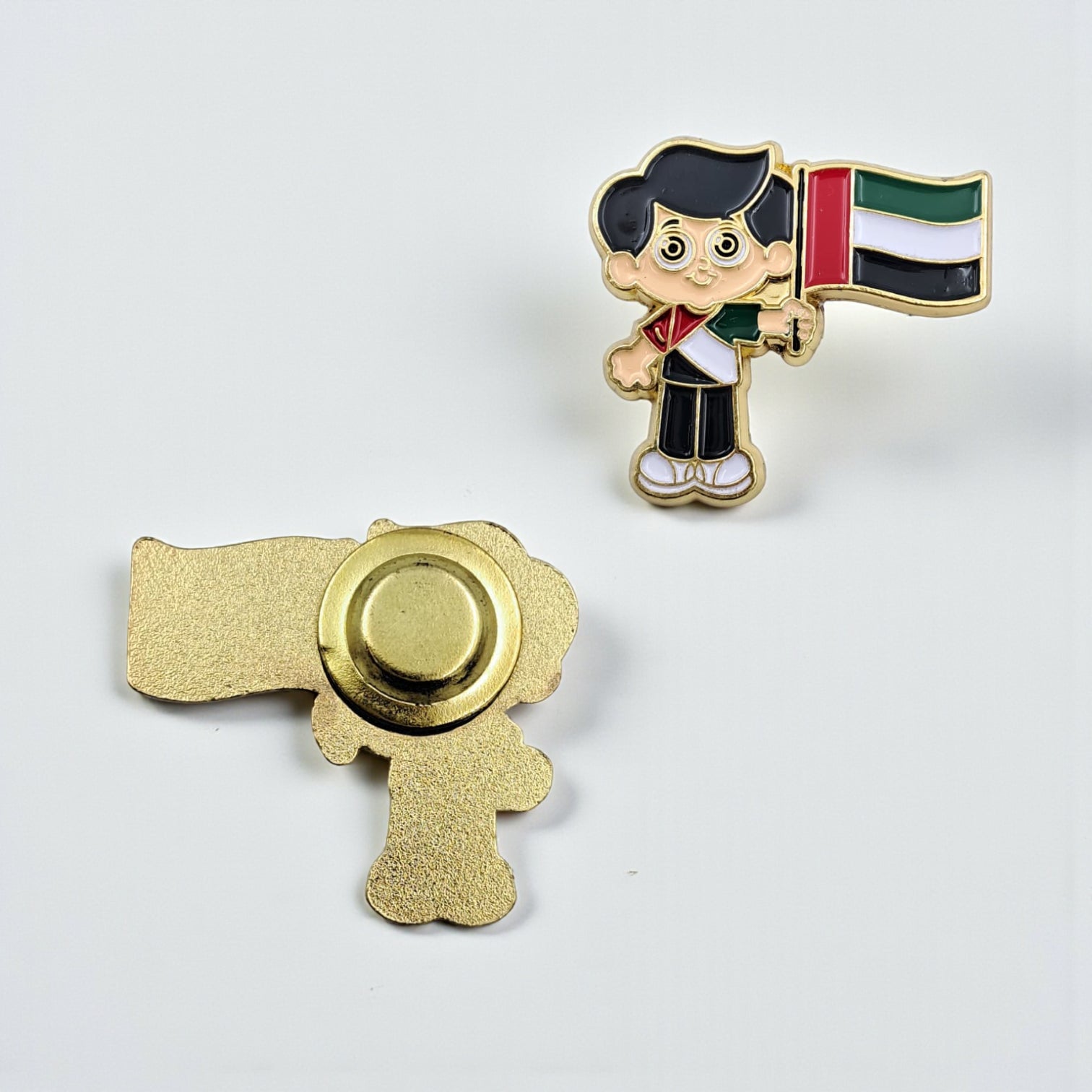 UAE National Day Kids Badge – Adorable Boy Holding Flag Lapel Pin for School Events, Celebrations, and Patriotic Gifts