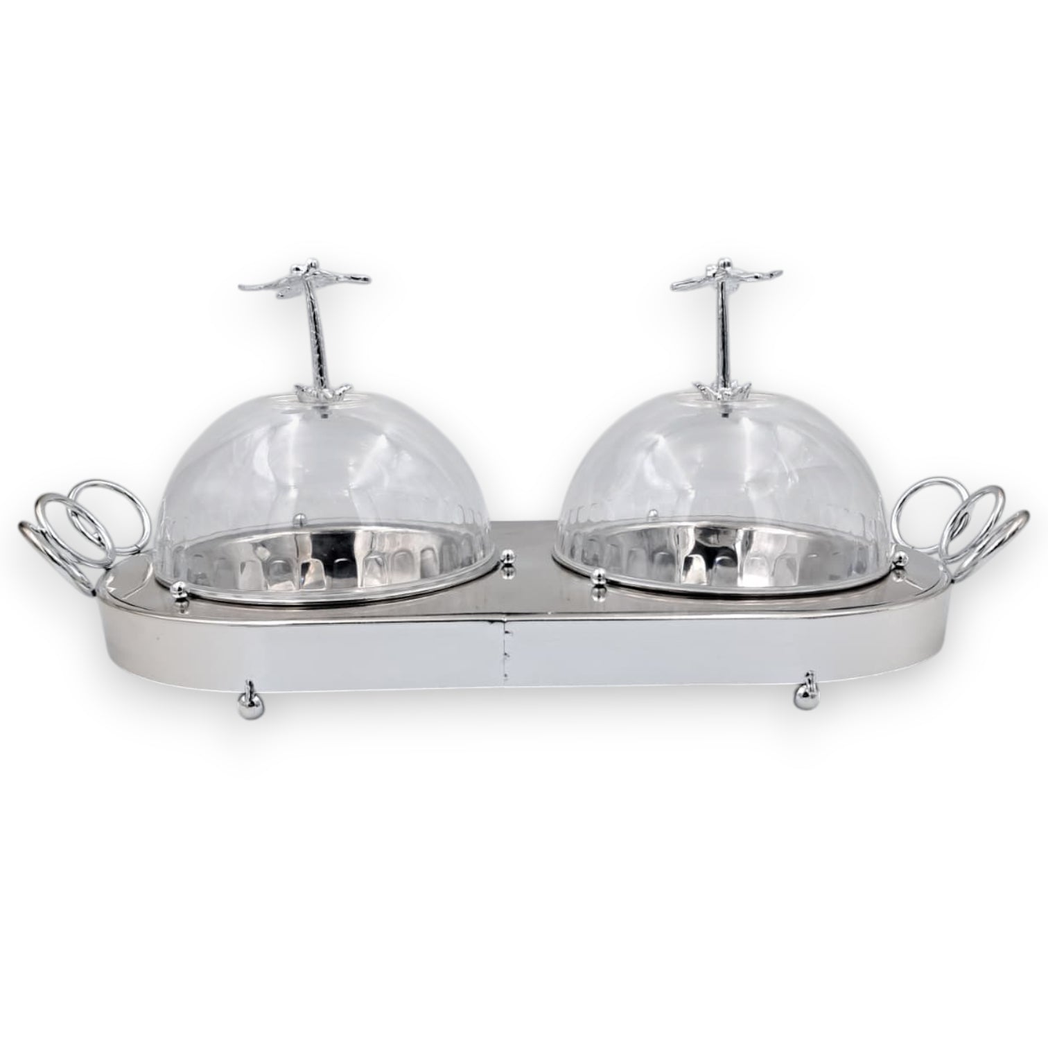 Double Dome Palm Tree Serving Tray – Silver Metal Base with Clear Acrylic Lids | Elegant Dual Dish Server for Desserts, Snacks & Sweets