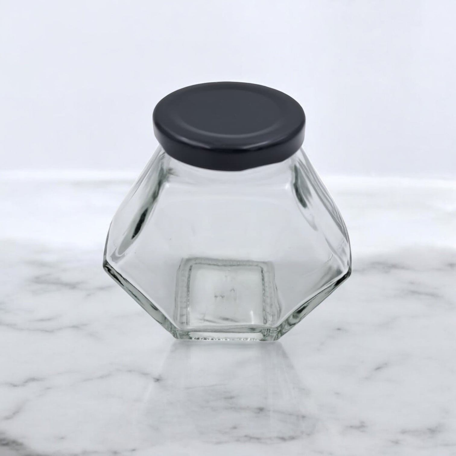 Hexagon Glass Storage Jar with Black Lid – Airtight Honey & Spice Container | Clear Food Jar for Sugar, Coffee, Jams & Kitchen Organization