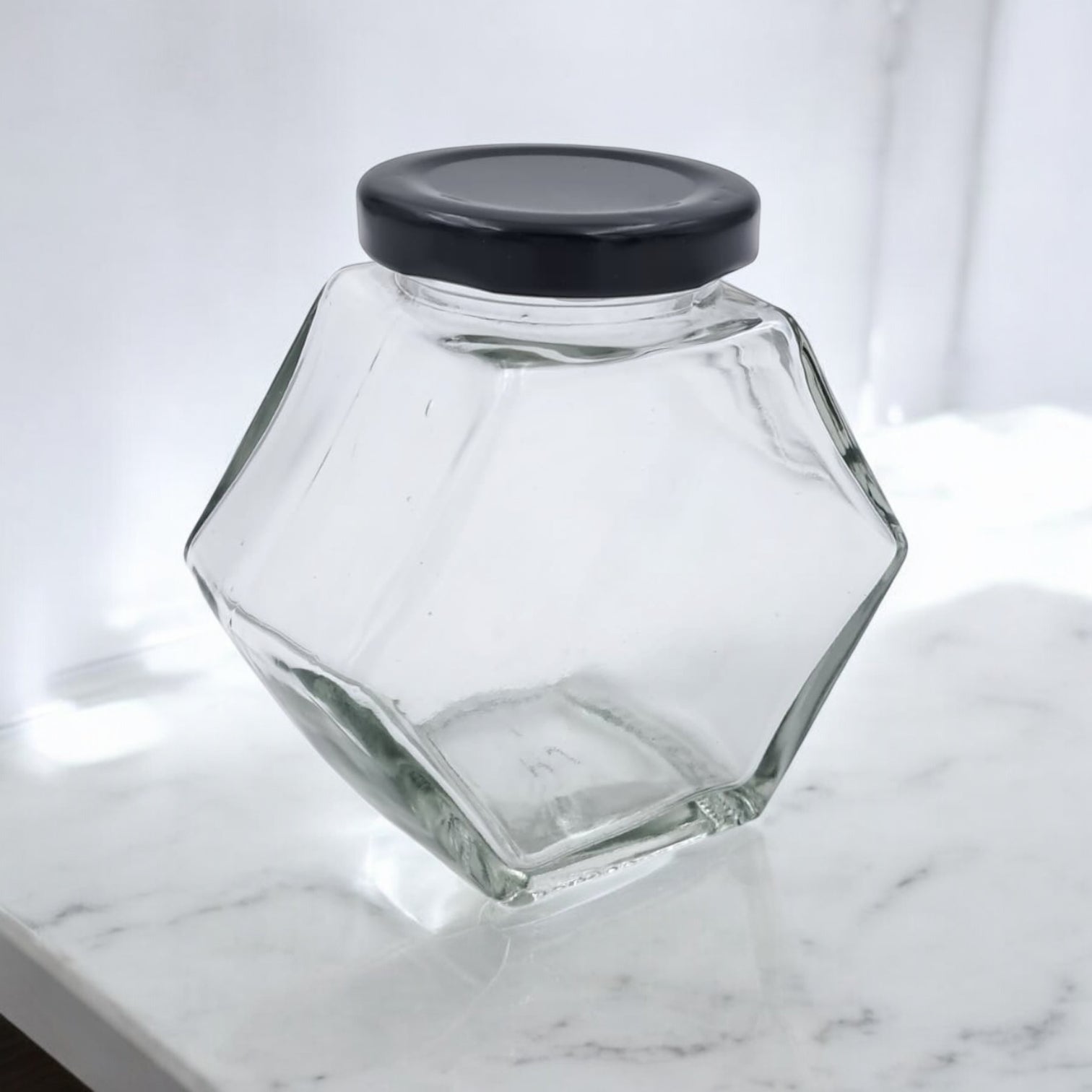 Hexagon Glass Storage Jar with Black Lid – Airtight Honey & Spice Container | Clear Food Jar for Sugar, Coffee, Jams & Kitchen Organization