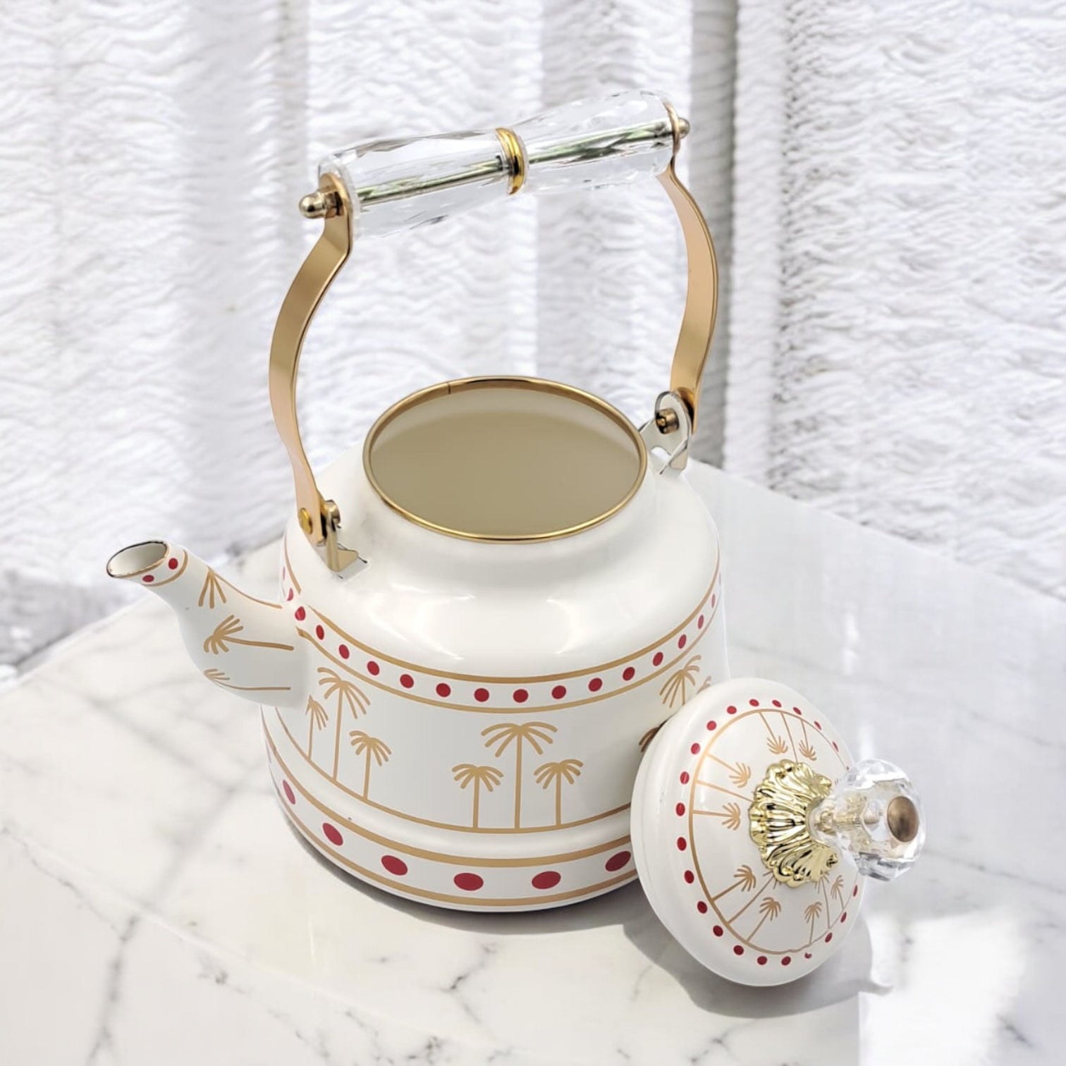 Simba Mkubwa Enamel Tea Kettle – Elegant Palm Tree Design with Crystal Handle | Decorative Water & Coffee Kettle for Stovetop and Home Use