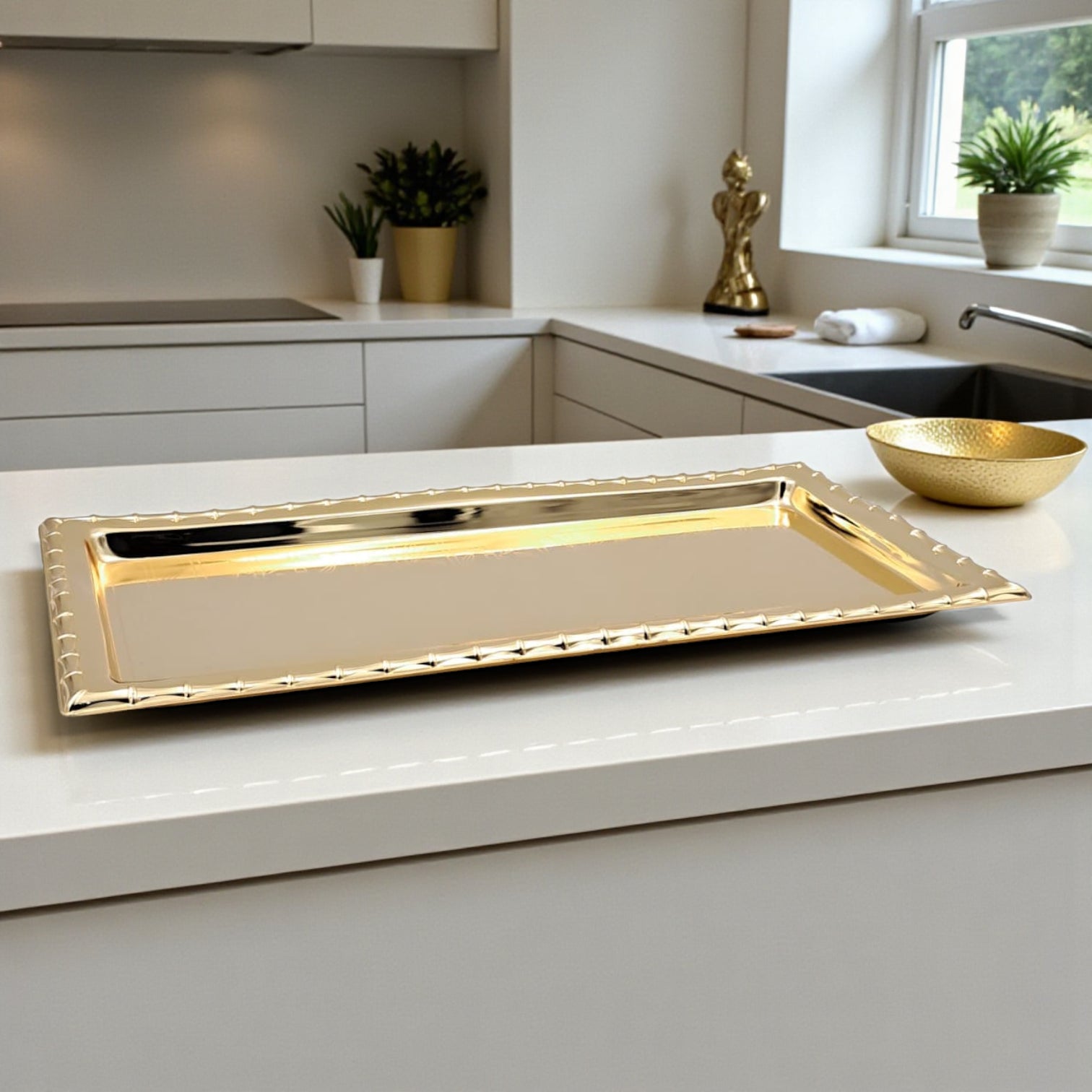 Najib Gold Rectangular Serving Tray – Elegant Polished Finish | Decorative & Functional Food Serving Tray | 39x39cm | Durable Stainless Steel | Made in P.R.C