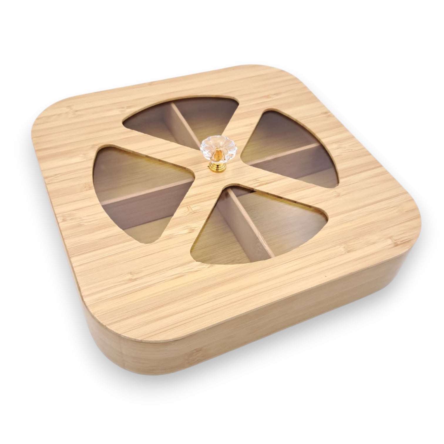 Luxury Bamboo Wooden Storage Box with Diamond Handle | 4-Compartment Organizer with Decorative Lid | Premium Tea, Dry Fruit & Snack Serving Box