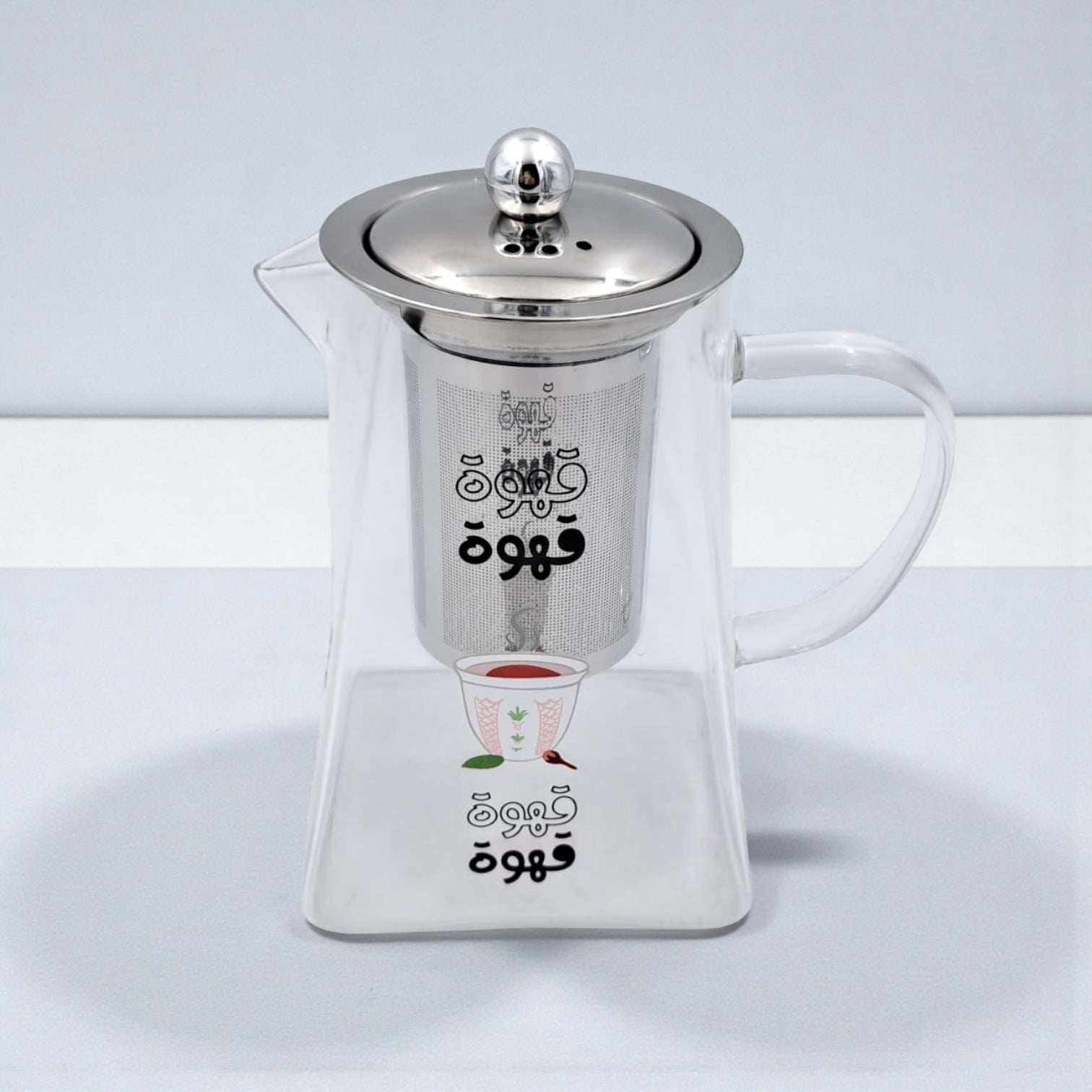 Arabic Coffee Glass Kettle with Stainless Steel Filter – Heat Resistant Borosilicate Pitcher for Tea & Coffee Brewing – Detachable Fine Mesh Infuser – Gas & Electric Safe – Premium Café Serving Pot