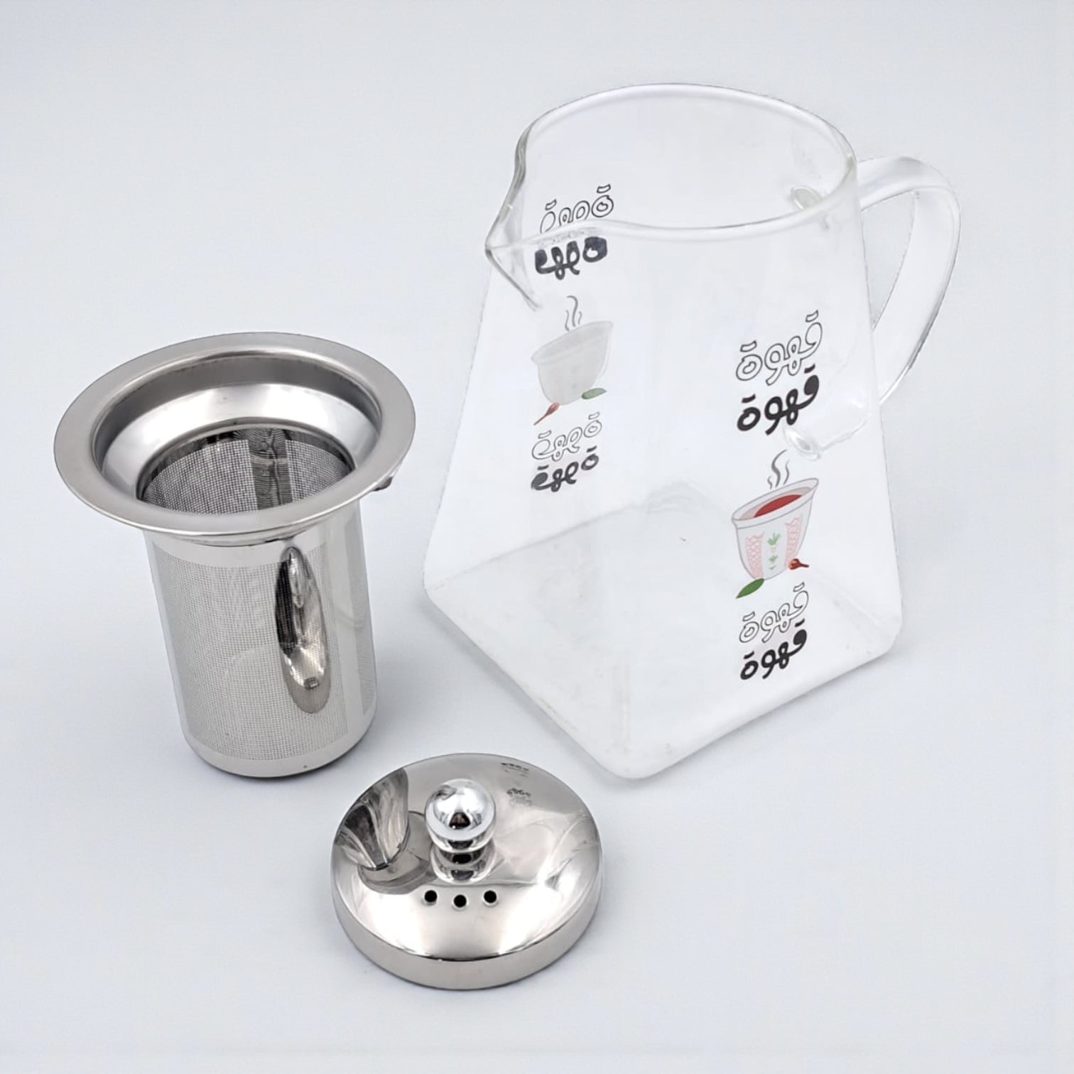 Arabic Coffee Glass Kettle with Stainless Steel Filter – Heat Resistant Borosilicate Pitcher for Tea & Coffee Brewing – Detachable Fine Mesh Infuser – Gas & Electric Safe – Premium Café Serving Pot