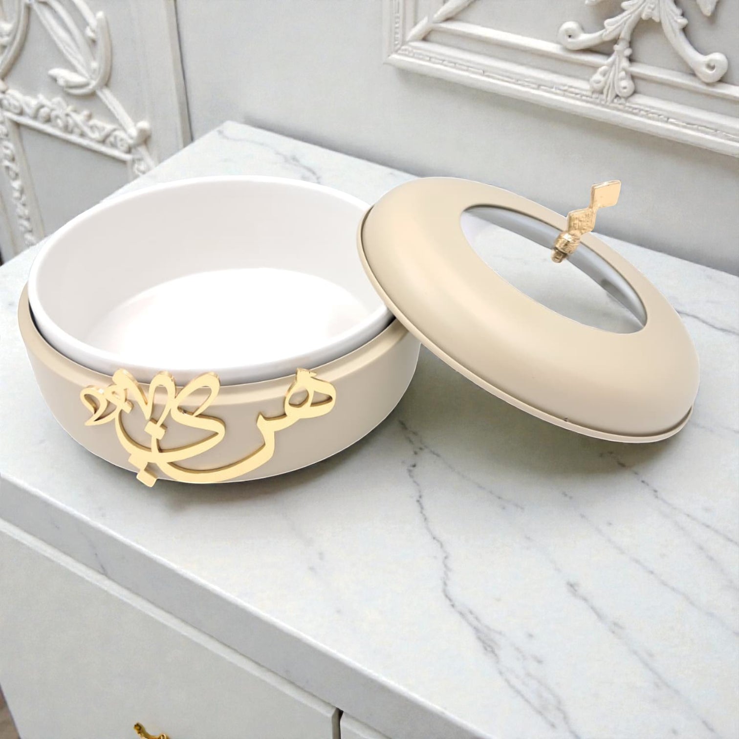 Diwan Premium Collection Elegant Food Warmer with Lid – Luxury Arabic Calligraphy Serving Dish for Hot Meals & Table Presentation - Damoo