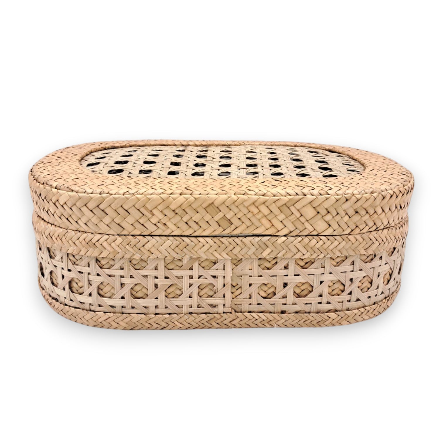 Handwoven Oval Bamboo Storage Box with Lid – Natural Rattan Organizer for Home Décor & Gifting (11H x 31L x 21W CM) - Damoo