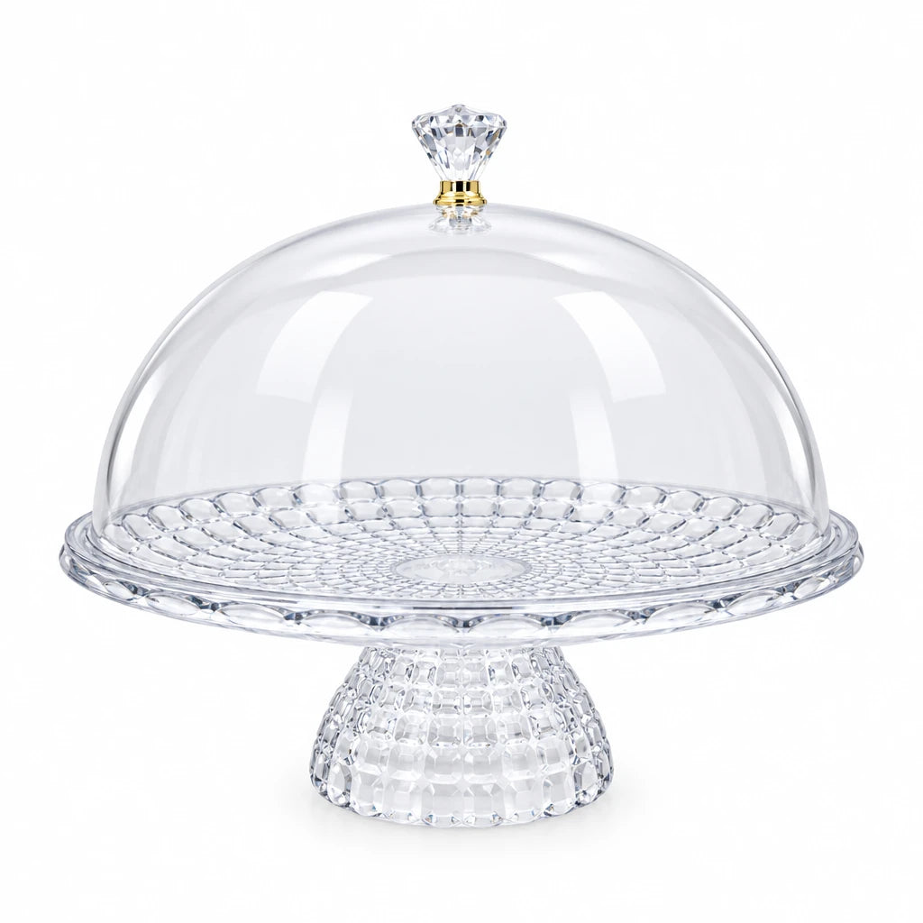 Clear Acrylic Cake Stand with Dome Cover & Crystal Knob – Elegant Dessert Display Stand for Cakes, Pastries & Treats (28H x 29L x 29W CM | Base 12CM) - Damoo