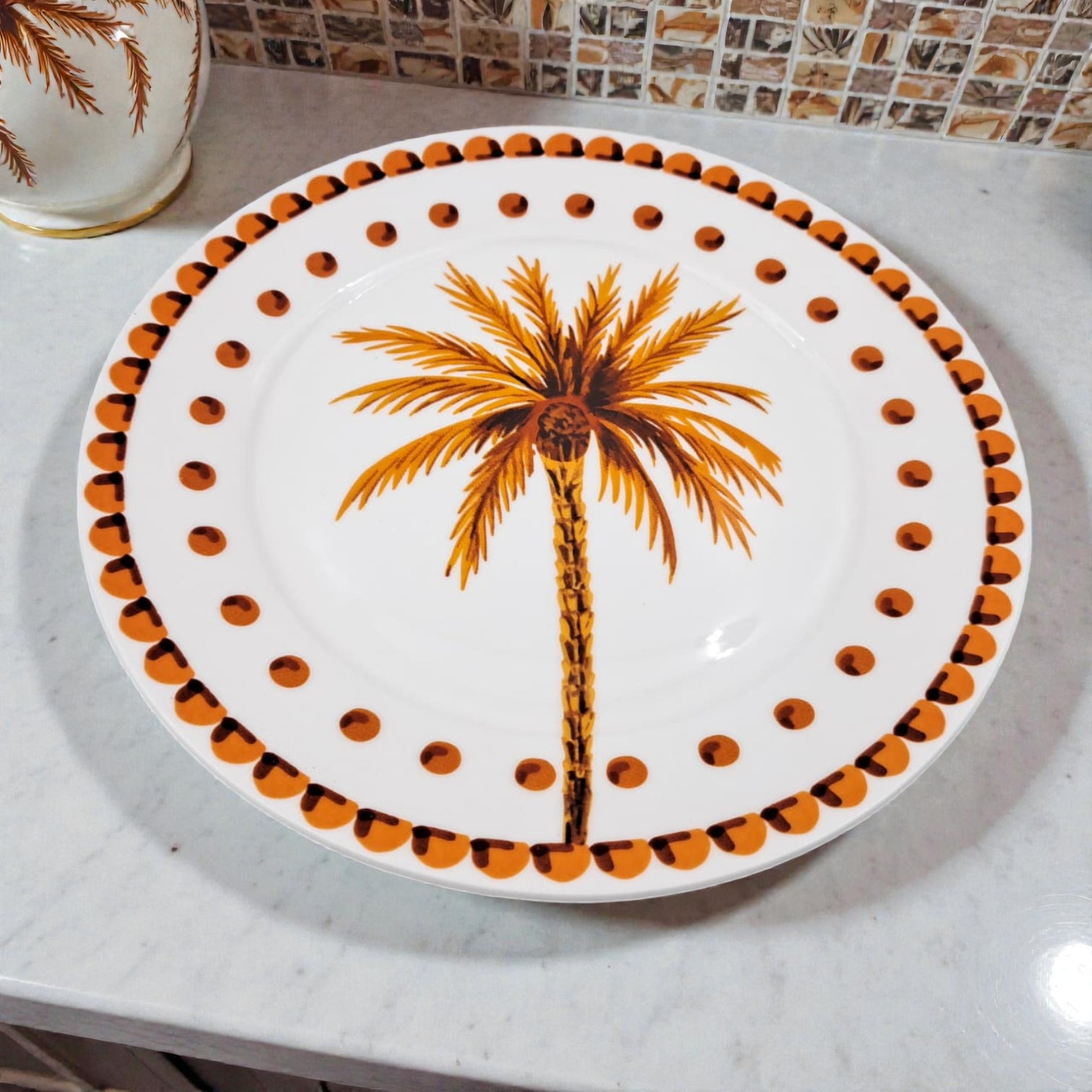Palm Tree Printed Ceramic Serving Plate for Arabic Desserts & Snacks – Decorative Tableware (2H x 20.5L × 20.5W CM) - Damoo