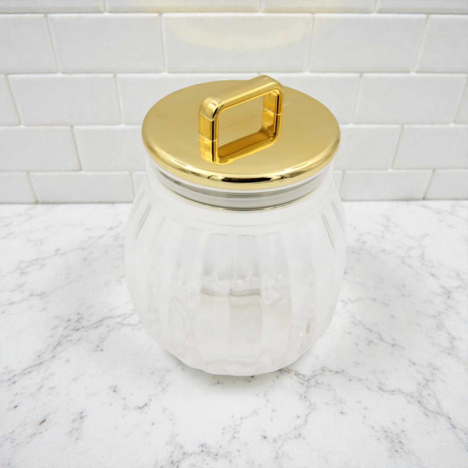 Acrylic Storage Jar with Gold Metal Lid & Handle – Clear Decorative Kitchen Canister (H 16cm x L 13cm x W 13cm)